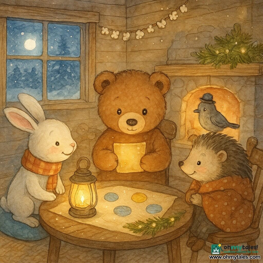 A small real brown teddy bear (main character) with a round face and soft eyes, tender and slightly shy expression, delicately holding and reading a golden ticket by the warm glow of a lamp; to his left sits a small white bunny (Poppy) with one ear up, wearing an orange striped scarf and a mischievous smile, leaning forward to listen; on the right perches a gray sparrow (Mr. Finch) with slightly ruffled feathers and a tiny crooked hat, tilting toward the group; a gentle old hedgehog (Mrs. Hedge) in a polka-dot coat with a basket of rolls on her lap sits near the fireplace with hands clasped; the cozy wooden chalet room has light plank walls, knitted rugs, a dark round wooden table covered with a large sheet of cardboard dotted with colored stickers (blue, yellow, green, silver), popcorn garlands and a small decorated fir branch with warm lights; the window shows a snowy garden and a round moon casting bluish reflections on the snow; overall an intimate, warm scene of the bear reading a precious keepsake to friends around a table and glowing map, calm, soft, and curious.