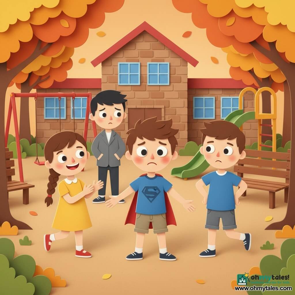 An 8-year-old boy, timidly brave, flushed cheeks, big bright eyes, messy light-brown hair, wearing a blue T‑shirt with a drawn cape and khaki shorts, reaching out to invite another child to play, standing center; an ~11-year-old boy (Jake), surprised then ashamed, closed expression, short dark hair, grey jacket, near the swings slightly back; an 8-year-old girl (Nicole), encouraging, confident smile, brown braid, in a yellow dress to the left, gently clapping; an 8-year-old boy (Max), supportive, hands on hips, short haircut, to the right, ready to run; schoolyard with light-brown ground, colorful playground (red swings, green slide), wooden benches, autumn trees with orange and yellow leaves and a brick school building with square windows in the background; main scene: a moment of reconciliation—children running and laughing, open gestures, soft late-afternoon light, warm contrasted colors, simple composition, clear silhouettes, layered paper-cut look, soft shadows and kind readable expressions.