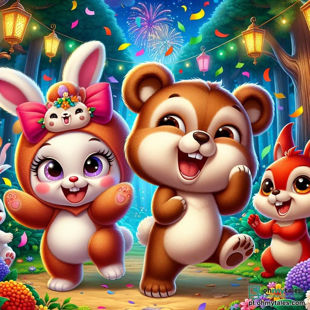 No centro da imagem, um adorável ursinho marrom chamado Bubu, com pelagem macia e olhos brilhantes de alegria, dança entusiasticamente sob uma chuva de confetes coloridos. À sua direita, uma coelhinha branca chamada Lili, com grandes orelhas e um laço rosa no cabelo, aplaude com um sorriso radiante, cercada por flores vibrantes que usou para decorar a clareira. À esquerda, um esquilo travesso chamado Tico, com uma cauda espessa e olhos travessos, segura uma noz nas patas, rindo de coração enquanto pula no lugar. Ao fundo, uma majestosa clareira da floresta mágica, iluminada por lanternas coloridas penduradas nas árvores, com estrelas cintilantes no céu noturno, criando uma atmosfera festiva e acolhedora. A cena mostra Bubu e seus amigos celebrando alegremente o Ano Novo, dançando juntos, cercados de risos e felicidade, prontos para compartilhar suas resoluções sob um céu estrelado.