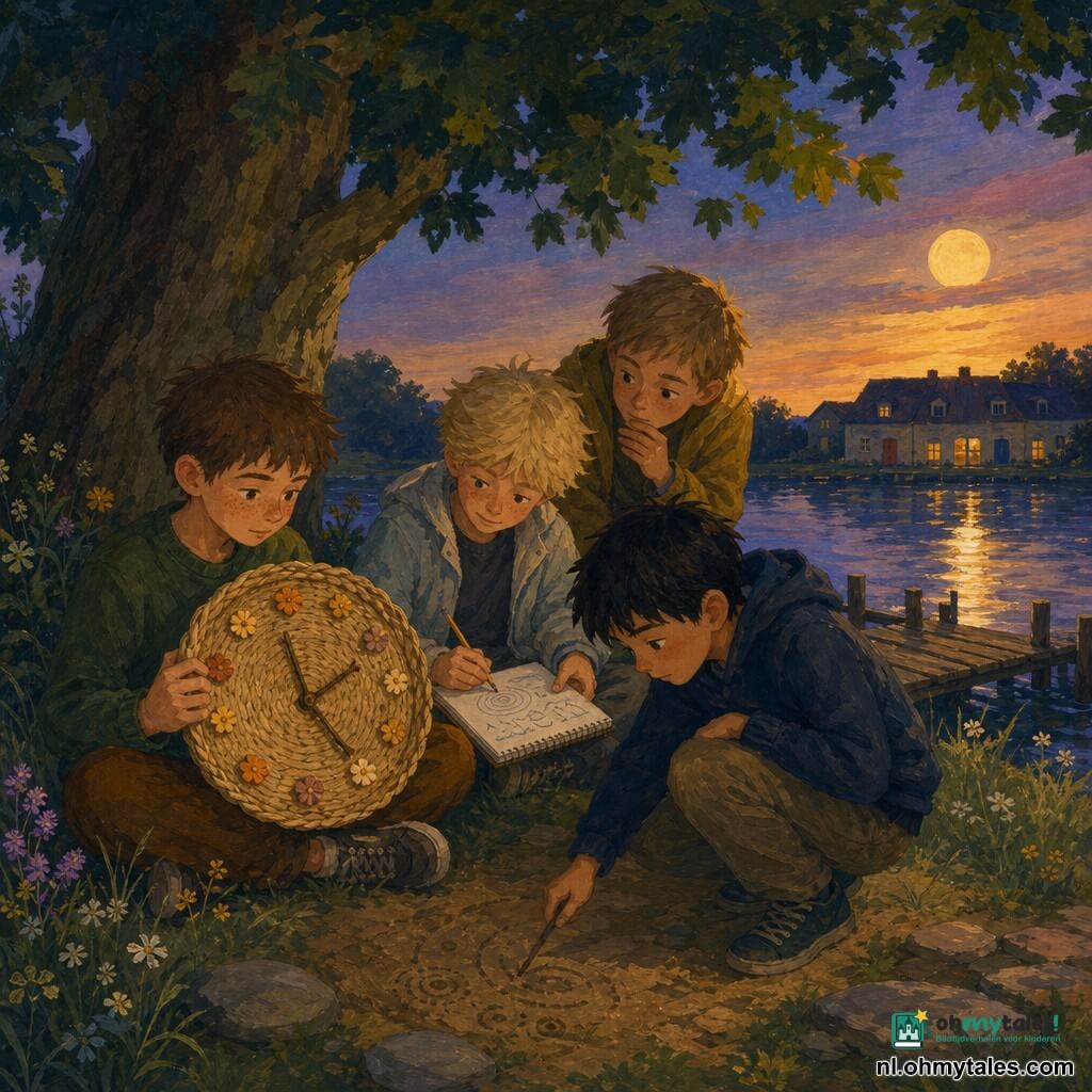 Vier jongens van ongeveer 10 jaar: Bram (kort bruin haar, taches de rousseur) zit links met de kleine strohorloge op schoot, geconcentreerd; Joris (onschuldig blond, rommelig haar, lichte jas) zit rechts van Bram en tekent golven en cirkels in een schrift; Sam (zwart haar, levendige ogen) hurkt voor de klok en krast patronen in de aarde met een stok; Koen (licht kastanjebruin haar, nieuwsgierig) staat achteraan met het hoofd schuin en hand bij de kin. Ze zitten onder een oude lindeboom bij een houten steiger aan een stille meer, zachte vochtige grasmat met wilde bloemen en platte stenen, in de verte een huis met meerdere deuren; schemerlucht met een lage zilveren maan en zachte reflecties op het water. De vier jongens verzamelen zich rond een stroklok: gevlochten wijzerplaat, cijfers van bloemetjesknopen, wijzers van twijgjes; ze luisteren zwijgend terwijl de klok lijkt te "spreken", met verwonderde gezichten, handen dicht bij het object en zichtbare adem in de koele lucht; intieme, rustige sfeer met maanlicht op het haar, tastbare strotexturen en zachte kleuren (oker, dennengroen, nachtelijk blauw, warme gele accenten).