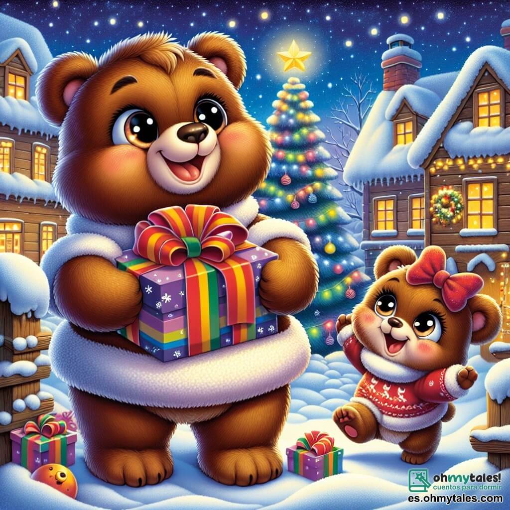 Un adorable oso pardo llamado Osvaldo, con grandes ojos brillantes y una sonrisa radiante, se encuentra en el centro de la escena, sosteniendo un regalo colorido con emoción. A su lado, su hermanita Otilia, una osa con un bonito lazo rojo en la cabeza, salta de alegría, sus ojos brillando de felicidad. El decorado es un encantador pueblo nevado, con casas de madera con techos cubiertos de nieve brillante, guirnaldas luminosas adornando las ventanas y un gran árbol de Navidad iluminado en el centro de la plaza. La escena captura el momento mágico en que Osvaldo y Otilia descubren un gran paquete bajo el árbol, rodeados de copos de nieve que caen suavemente del cielo, simbolizando la alegría y el espíritu navideño.