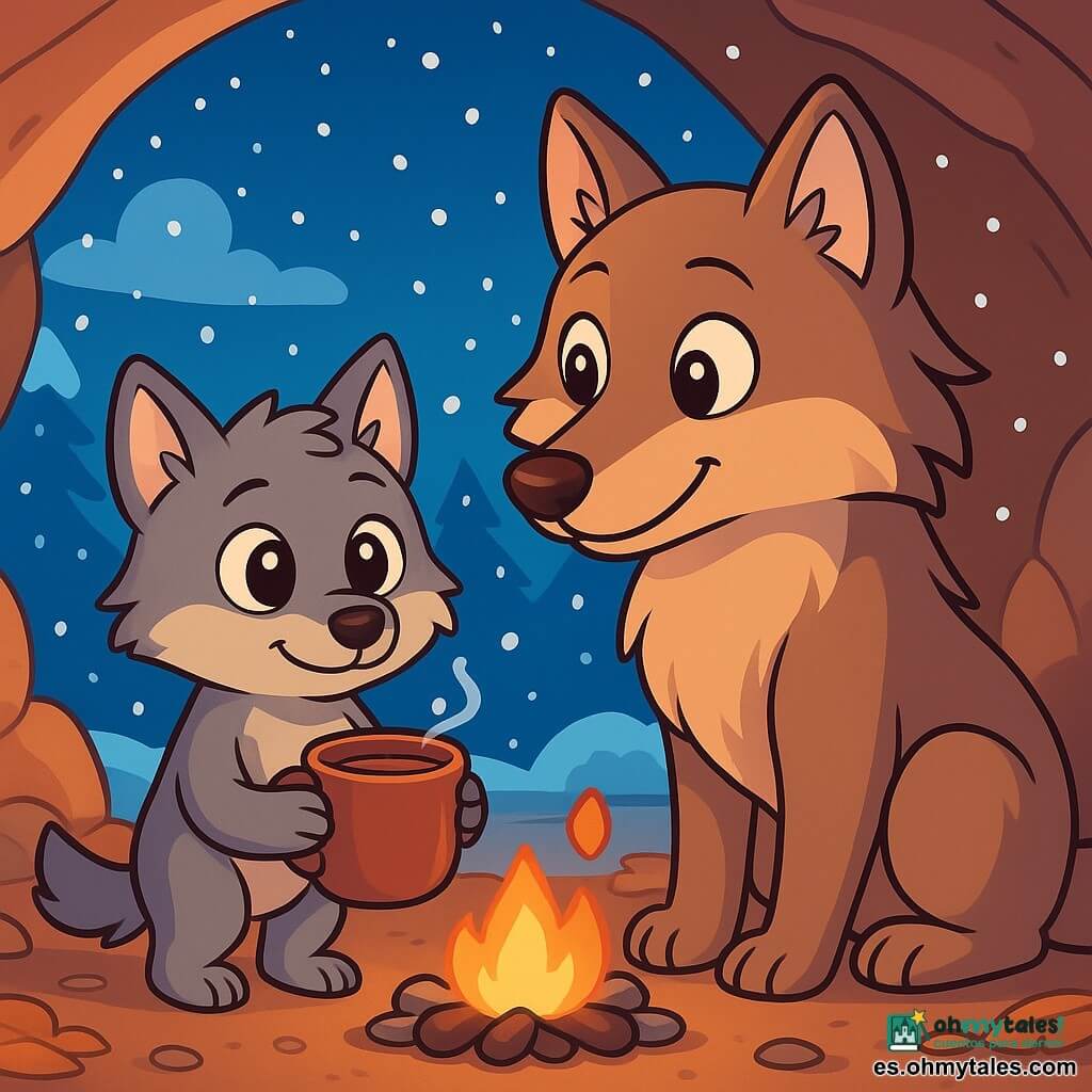 Un joven lobo de ojos brillantes y curiosos, con pelaje gris y orejas puntiagudas, está en una cueva acogedora. Se ve orgulloso y un poco nervioso, sosteniendo una jarra de chocolate caliente entre sus patas. A su lado, su mamá, una gran loba de pelaje suave y marrón, sonríe con ternura, sus ojos brillando de orgullo. Ella está sentada cerca de un pequeño fuego crepitante, calentando la cueva. La cueva está decorada con piedras lisas y hojas secas, con copos de nieve cayendo suavemente afuera, creando un paisaje invernal mágico. En esta escena, el joven lobo descubre su propia fuerza al preparar una bebida caliente, simbolizando el consuelo y la calidez en medio del invierno.