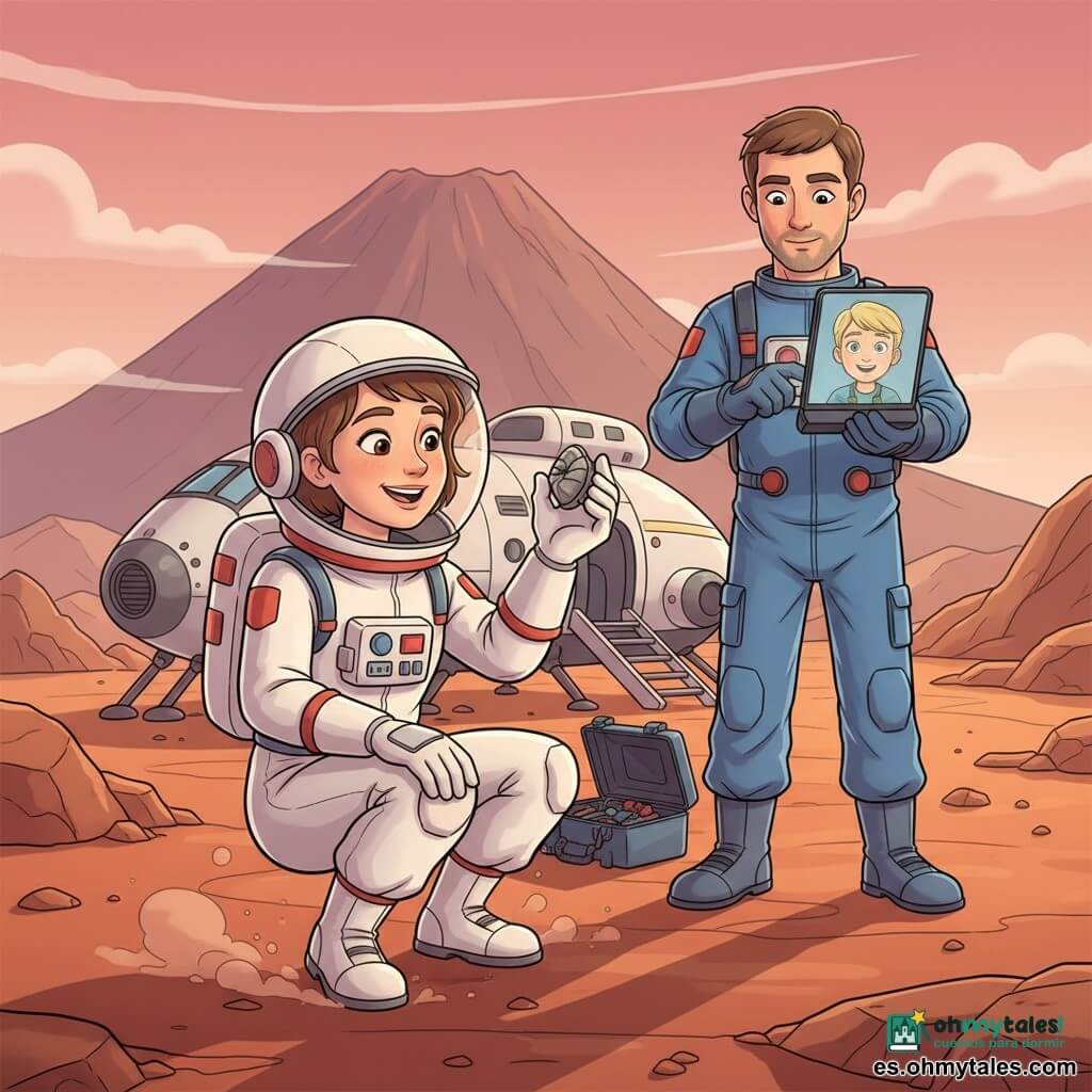 Astronauta Astrid, sonriente y maravillada, de rasgos suaves, piel clara y pelo castaño corto bajo un casco abierto, con traje espacial blanco con detalles rojos, está agachada sosteniendo un pequeño fósil gris en su mano enguantada, mirada brillante y postura tierna y orgullosa; el ingeniero Hugo, unos 35 años, cabello corto y barba rala, con traje azul, comprueba instrumentos portátiles junto a una caja de herramientas, de pie detrás de Astrid; en la pantalla de la tablet que sostiene Hugo aparece Lucas, un niño de unos 10 años, rubio y con una sonrisa asombrada; de fondo, llanuras marcianas rojizas con rocas y pequeñas dunas, un cielo rosado en el horizonte y un gran volcán oscuro, la cápsula blanca y gris con rampas y escaleras detrás; momento de descubrimiento con luz rasante del sol marciano y polvo fino levantado alrededor de las botas, ambiente de aventura sereno y alegre.