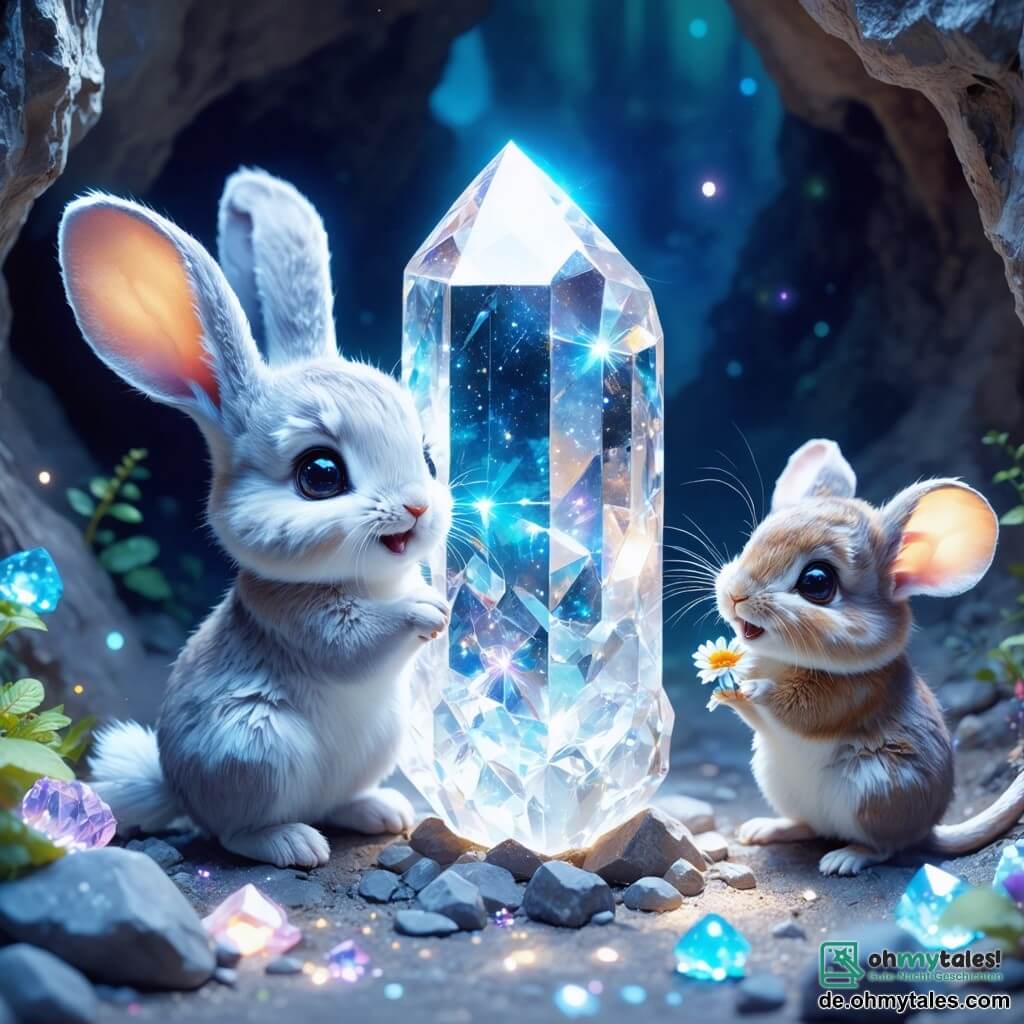 Ein kleiner Hase mit großen Ohren und weichem, seidigem, hellgrauem Fell, mit leuchtenden und neugierigen Augen, schaut bewundernd auf einen großen funkelnden Kristall im Zentrum einer magischen Höhle. Er zeigt intensive Freude, seine Vorderpfoten erhoben, als wäre er bereit, vor Glück zu springen. Neben ihm beobachtet eine kleine Maus mit braunem Fell, großen runden Augen und einem freundlichen Lächeln den Kristall bewundernd. Sie hält eine kleine bunte Blume in ihren Pfoten, was der Szene eine sanfte Note verleiht. Die Höhle ist erleuchtet von schimmernden Lichtern, die an den Wänden tanzen, geschmückt mit leuchtenden Pflanzen und funkelnden Edelsteinen, die im Dunkeln strahlen und eine zauberhafte Atmosphäre schaffen. Die Hauptsituation zeigt den kleinen Hasen und die Maus, die gemeinsam den verborgenen Schatz des Kristalls entdecken, was ihre Freundschaft und ihren Abenteuergeist symbolisiert, bereit, diese magische Welt um sie herum zu erkunden.
