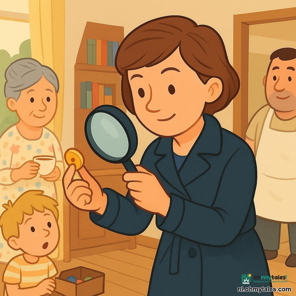 Een vrolijke geconcentreerde vrouwendetective met kort bruin haar en marineblauwe jas houdt met een vergrootglas een klein glanzend gouden knoopje tussen duim en wijsvinger — ze vond het in een oud archiefschrift in een open houten kasje; tante Noor (±70, grijs knotje, bloemenjurk) staat links met een kopje thee en glimlacht, de jongen Sam (±6, blond, gestreept t‑shirt) zit rechts op de grond bij een speelgoeddoos bij het raam en kijkt verbaasd, bakker Bram (±40, stevig, wit bebloemd schort) staat bij de keukendeur op de achtergrond; lichte gemeenschappelijke woning met licht eiken vloer, groot raam met lichte gordijnen, kleurrijke boekenplanken en een jas aan een haak, warme nieuwsgierige sfeer, heldere kleuren en zachte vormen.