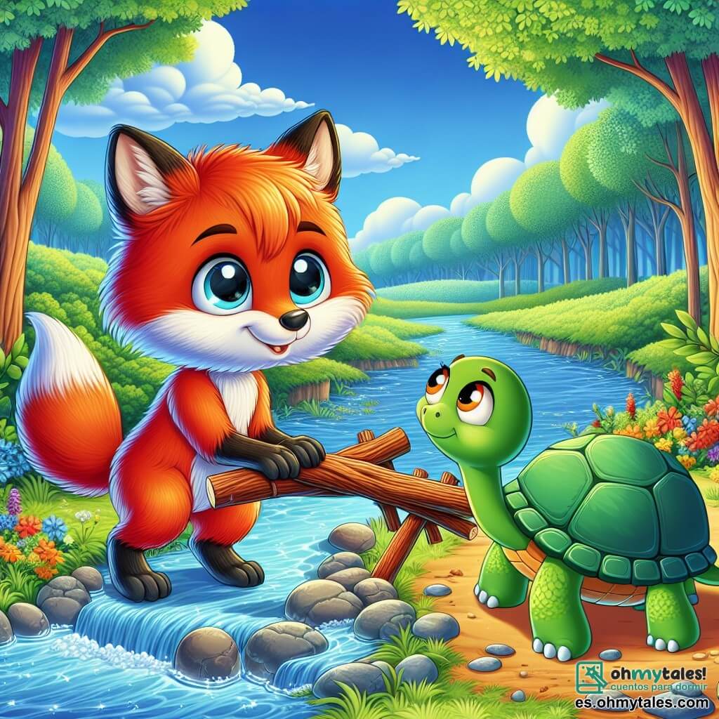 Un pequeño zorro de pelaje naranja brillante, sin cola, se encuentra al borde de un arroyo, con una mirada decidida y curiosa en su rostro. Está construyendo un puente con ramas y piedras, mostrando su ingenio y creatividad. Junto a él, una tortuga de caparazón verde brillante, con ojos dulces y una sonrisa alentadora, observa atentamente. Parece orgullosa de su amigo y lo anima con palabras de aliento. El escenario es un hermoso paisaje forestal, con árboles majestuosos de hojas verdes brillantes, un cielo azul claro salpicado de nubes blancas esponjosas y flores coloridas que bordean el arroyo brillante. La situación principal muestra al zorro y a la tortuga trabajando juntos para superar un obstáculo, ilustrando la importancia de la amistad y la colaboración ante los desafíos.
