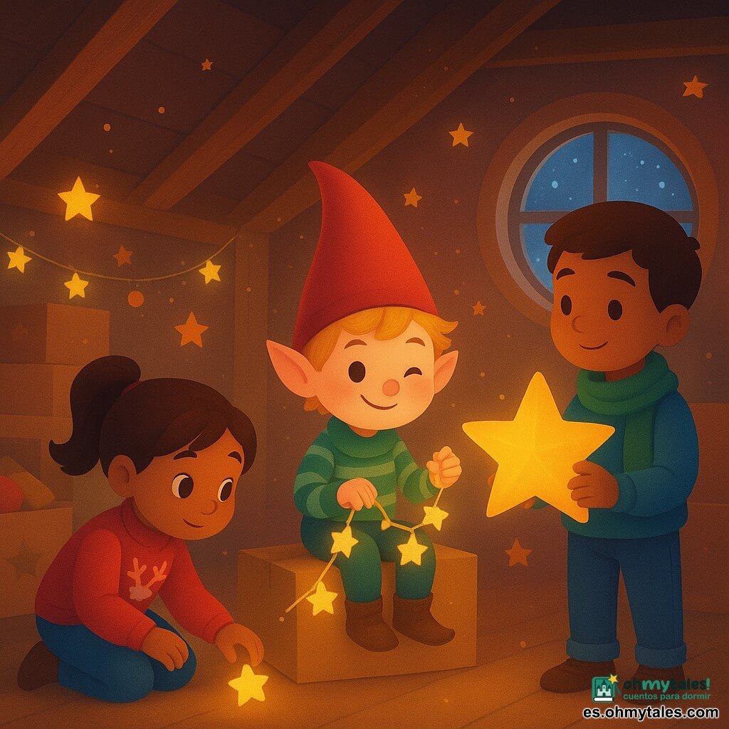 Hay tres personajes: una niña de 7 años, coletas castañas, suéter rojo con renos, ojos curiosos, agachada a la izquierda recogiendo una pequeña estrella adhesiva; un niño de 8 años, pelo castaño corto, bufanda verde y vaqueros, de pie a la derecha sosteniendo una gran estrella dorada y mirando al duende; un duende travieso, ~30 cm, piel rosada, pelo rubio despeinado, gorro rojo puntiagudo y traje verde a rayas, sentado en el centro sobre una caja de cartón, guiñando un ojo y sujetando una guirnalda de estrellas. Lugar: un desván cálido y abarrotado con vigas de madera, luces amarillas suaves, cajas de decoración apiladas, guirnaldas y estrellas pegadas en las paredes, polvo brillante flotando y una ventana circular con nieve afuera. Situación: los niños encuentran al duende al final de una búsqueda del tesoro; escena alegre y serena, muchas estrellas de colores flotando, atmósfera mágica y tonos cálidos.
