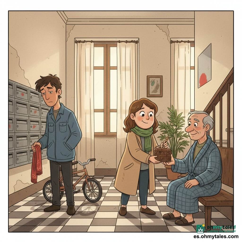 Mujer — Mara: rostro redondo y ojos vivos, abrigo beige y bufanda verde, sonrisa tranquila, sostiene una pequeña caja de madera y una llave dorada en la entrada del edificio; Hombre — Señor León: anciano de cabello gris, bata a cuadros, sonrisa aliviada, sentado en un banco mirando la caja; Hombre — Tomás: joven de unos 25 años, cabello oscuro desordenado, chaqueta de trabajo azul, con una bicicleta pequeña a la izquierda; Hombre — Portero: alto y delgado, chaqueta oscura, sostiene una bufanda roja, cabeza baja junto a las cajas del vestíbulo; Lugar: vestíbulo de un edificio antiguo con paredes crema desconchadas, suelo de baldosas blanco y negro, buzones metálicos, grandes ventanas con cortinas y luz suave, planta en maceta y barandilla con mancha roja; Situación: entrega tranquila y cálida — Mara devuelve la llave dorada y la caja al Señor León ante vecinos aliviados, ambiente de reparación y bondad, colores cálidos y estilo de cómic de contornos suaves.