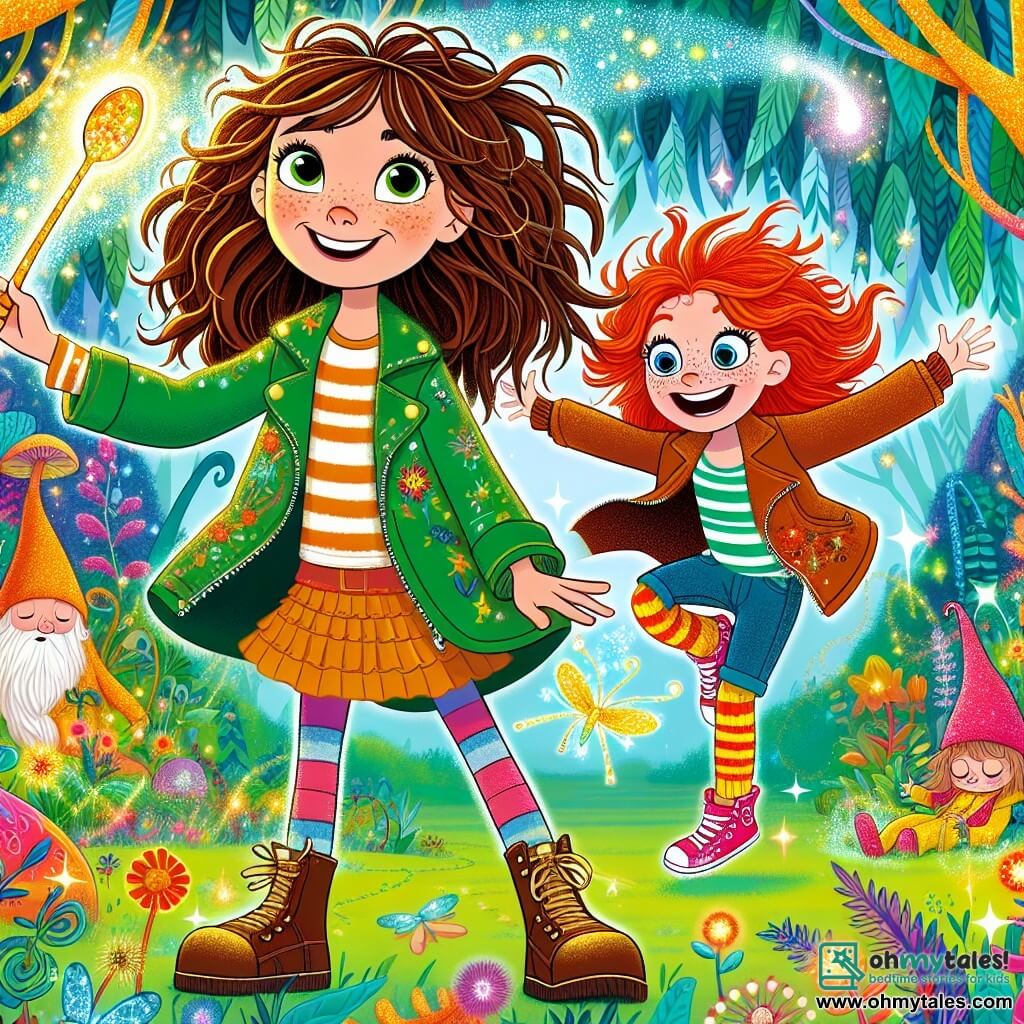 A 12-year-old girl, Lulu, with messy long brown hair and sparkling curious eyes, stands in the center of the image, a radiant smile on her face. She holds a shimmering magic spoon in her hands, surrounded by a glowing aura that evokes magic. Next to her, Tilly, a 12-year-old girl with bright red hair and freckles, jumps with excitement, arms raised and a big smile on her face. She wears a colorful, casual outfit full of cheerful patterns. In the background, Wiggly Woods is depicted with oddly shaped, brightly colored trees, their leaves dancing in the wind. Multicolored flowers and fantastic creatures, like sparkling fairies, add a touch of magic to the environment. The main scene shows Lulu and Tilly ready to escape Wiggly Woods, with sleeping gnomes in the background, their small bodies peacefully lying on giant leaves. The atmosphere is both humorous and fantastical, capturing the spirit of adventure and magic in the story.