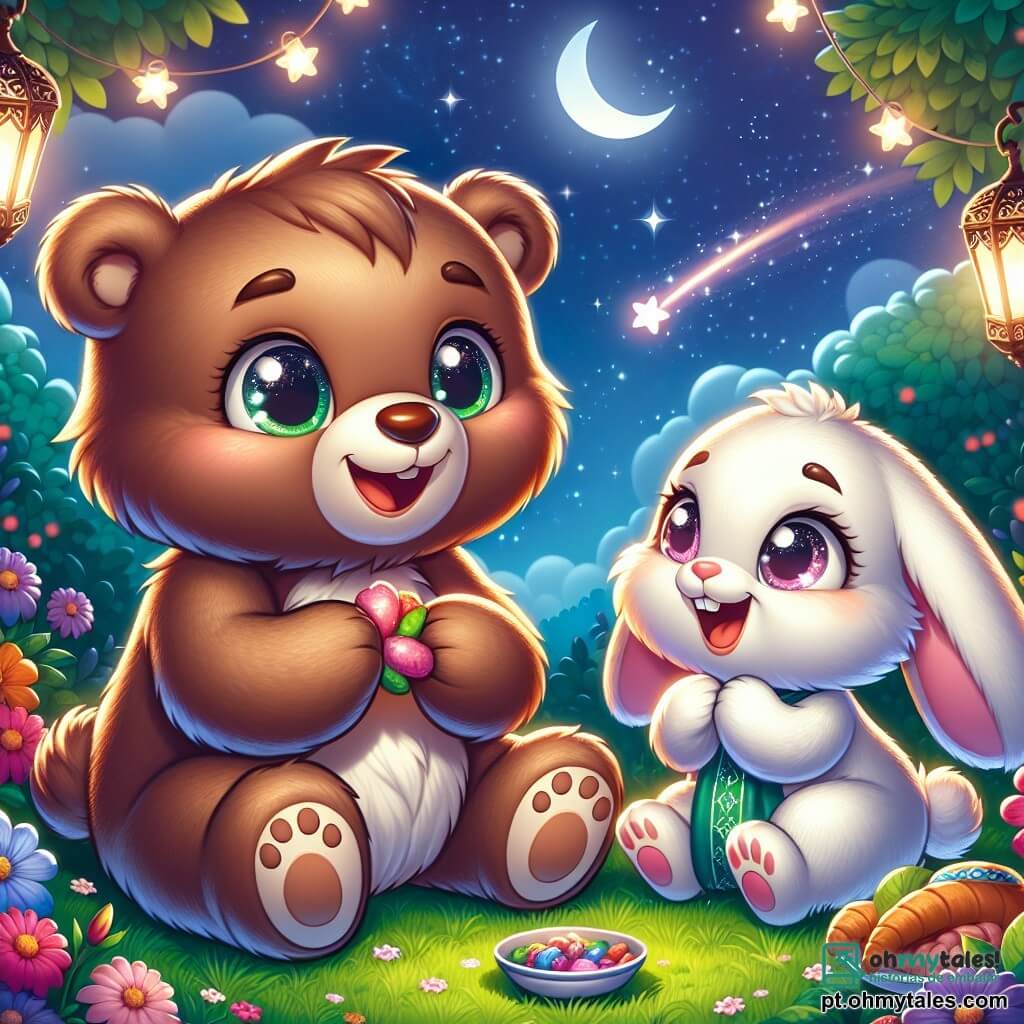 Um adorável ursinho de pelúcia, Sami, com pelagem marrom suave e olhos brilhantes, sorri alegremente segurando uma tate suave em suas pequenas patas. Ao lado dele, uma coelhinha chamada Lila, com orelhas longas e sedosas e pelagem branca brilhante, olha para Sami com olhos cintilantes de gratidão e felicidade. A cena acontece em um jardim encantador, cheio de flores coloridas e árvores verdejantes, sob um céu estrelado onde uma estrela cadente atravessa o horizonte. Sami e Lila estão sentados na grama fresca, cercados por lanternas cintilantes que iluminam seus rostos. A situação principal mostra Sami e Lila compartilhando um momento de alegria e camaradagem após uma deliciosa refeição, rindo juntos e admirando a beleza do céu noturno, simbolizando a amizade e a magia do Ramadan.