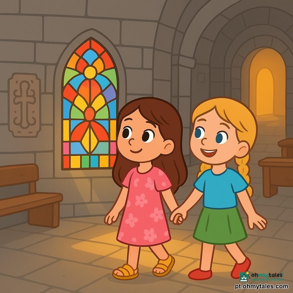 Há 2 personagens principais: - Lara: uma menina de 8 anos, com longos cabelos castanhos e olhos brilhantes. Ela usa um vestido rosa com flores e sandálias amarelas. Ela está à esquerda, olhando com curiosidade para uma porta de vidro colorido. - Sofia: uma menina de 7 anos, com cabelos loiros trançados e olhos azuis brilhantes. Ela veste uma camiseta azul e uma saia verde. Ela está à direita de Lara, segurando sua mão e mostrando a porta com um grande sorriso. O local da história é uma velha igreja, com paredes de pedra cinza e um grande vitral colorido que projeta luzes brilhantes no chão. Dentro, há bancos de madeira, uma atmosfera tranquila e uma suave luz dourada iluminando o corredor estreito que leva a uma porta misteriosa. A situação principal mostra Lara e Sofia descobrindo uma pequena porta de vidro colorido, cercada por desenhos antigos nas paredes. Elas estão maravilhadas e curiosas, prontas para abrir a porta e explorar o tesouro escondido atrás dela.