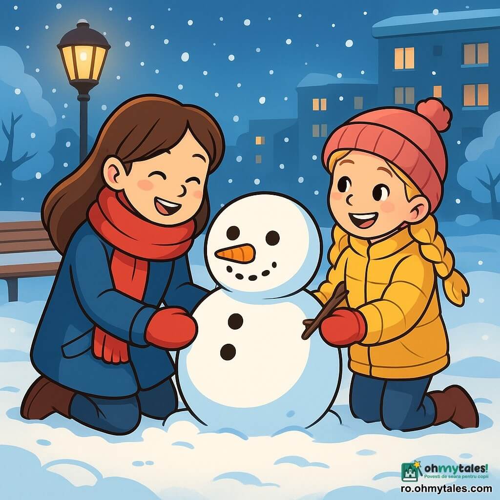 Există două personaje principale: Ilinca, o fetiță de 8 ani cu păr lung și brun, purtând o eșarfă roșie și o haină albastră, care face o minge mare de zăpadă pentru a construi un om de zăpadă, și Mara, o fetiță de 8 ani cu părul blond împletit, îmbrăcată într-o geacă galbenă și o căciulă roz, care stă lângă Ilinca, zâmbind și ținând o ramură mică pentru a face brațul omului de zăpadă. Acțiunea are loc într-o curte de recreație acoperită cu o strat gros de zăpadă strălucitoare, cu bănci din lemn acoperite de zăpadă și felinare care emit o lumină caldă, creând o atmosferă cozy. Ilinca și Mara construiesc un om de zăpadă vesel, cu ochi din pietre și un nas din morcov, râzând și distrându-se în zăpadă.