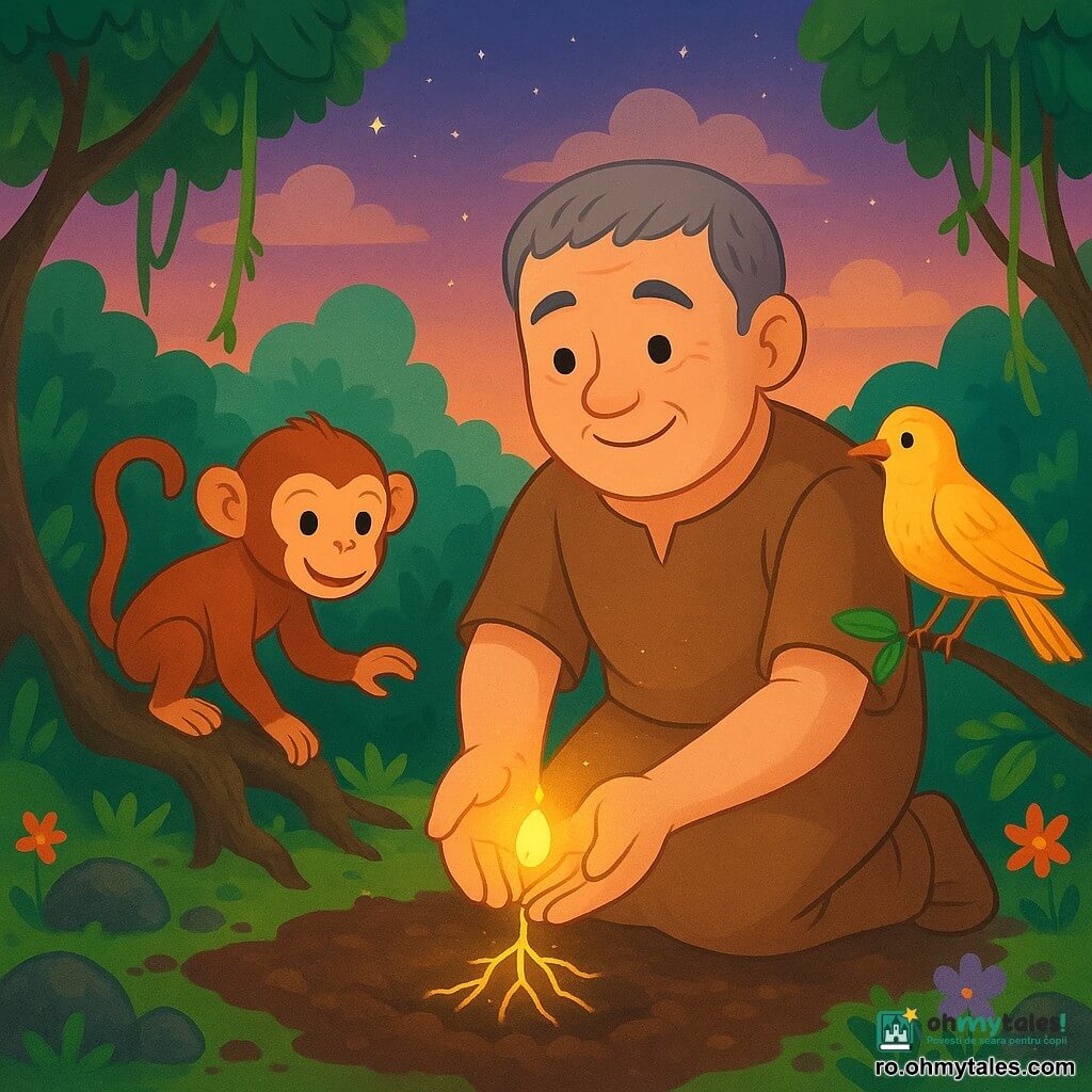 Un bărbat numit Pak Arya, cu fața rotundă și zâmbitoare, păr scurt cenușiu, îngenuncheat și senin, ține o sămânță luminoasă gata de plantat; o maimuțică roșcate, jucăușă, stă pe o rădăcină la stânga, iar o pasăre aurie numită Lindu, cu pene strălucitoare, e pe o creangă la dreapta; scena are loc pe un deal blând înconjurat de pădure verde, cer crepuscular violet-portocaliu și, după ce sămânța e așezată în pământ, o lumină aurie slabă iese din sol iar rădăcini luminoase încep să crească, creând o atmosferă de trezire magică și speranță.