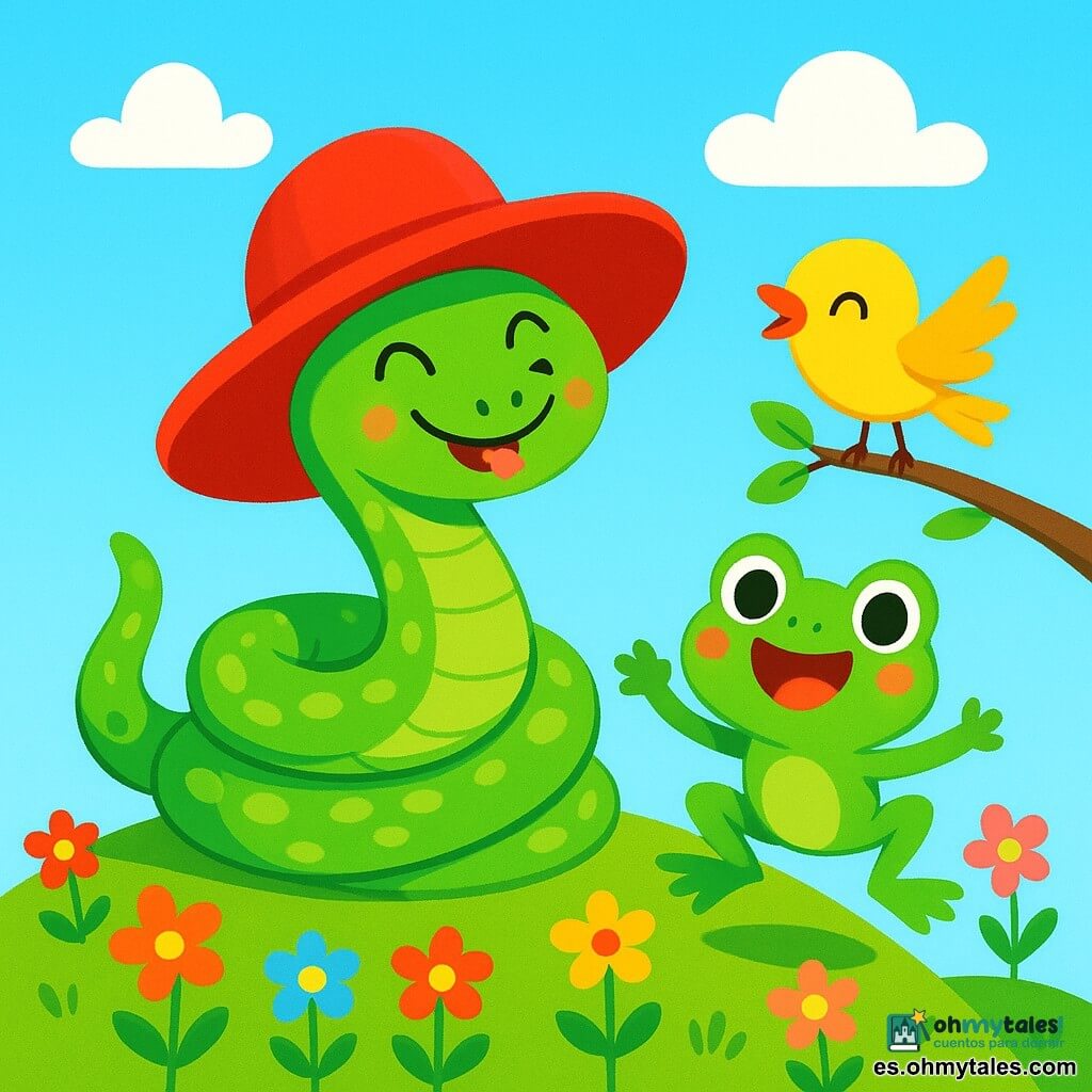 Sisi, una pequeña serpiente verde con escamas brillantes, está alegremente enroscada en un gran sombrero rojo, con una sonrisa traviesa en su rostro. Se encuentra en la cima de una colina soleada, rodeada de flores coloridas que bailan al viento. A su lado, una rana verde de ojos redondos y chispeantes salta con entusiasmo, lista para dar un salto. Un pequeño pájaro amarillo de plumas brillantes se posa en una rama cercana, cantando alegremente, con las alas abiertas como si aplaudiera. El escenario es una colina verde, salpicada de flores multicolores, bajo un cielo azul brillante con algunas nubes blancas y esponjosas. Sisi, en su sombrero, hace muecas divertidas, mientras que la rana y el pájaro la observan con expresiones de alegría, creando una escena llena de risas y felicidad.