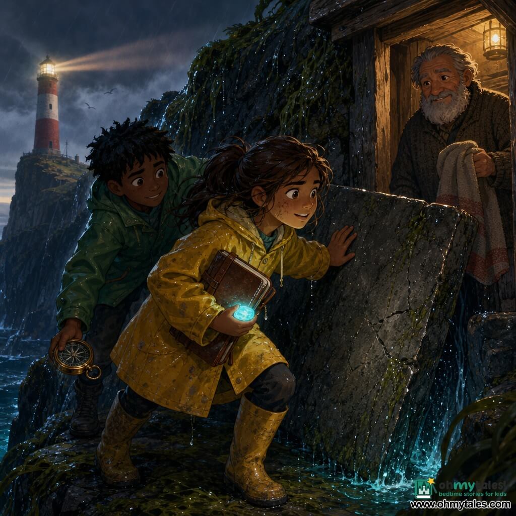 A relieved, enthusiastic 12-year-old girl with chestnut hair in a ponytail, salt-and-dirt freckled face, wearing a yellow raincoat and rubber boots, clutches a leather notebook and a small bluish glowing stone; an exhausted but happy ~11-year-old boy with messy black hair and a green coat, standing just behind her on the same wet rocky ledge, pushes a heavy stone slab and holds a shining brass compass; their ~70-year-old grandfather with a scruffy gray beard and worn wool jacket watches them smiling from the doorway of a small wooden shelter on the cliff; seaweed-clung rocks and sparkling droplets overlook a dark sea while a red-and-white lighthouse beam blinks twice above, the children emerging triumphant and soaking from a flooded cave as the glowing stone lights their faces.