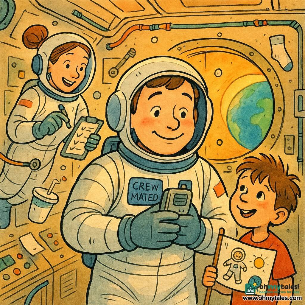 A smiling, awed astronaut named Mateo with a round face, small dimple and short brown hair visible under a partially open helmet, wearing a white spacesuit with a blue "CREW — MATEO" patch and holding a small silver audio recorder to his chest; a joyful adult female colleague (≈30) with her hair in a bun floats behind him left holding an inspection panel and reaching to point at a screw; a ~7-year-old boy with a missing front tooth and messy hair stands slightly back right admiring him while holding a homemade hand-drawn flag; inside a bright, compact space station with light beige metal walls, colorful cables and instruments, a round window showing blue-green Earth, and a few floating items (sealed cup, sock); Mateo has just landed and is recording his audio log in a warm, collaborative scene with friendly gestures, small air bubbles and papers drifting and soft sunset light through the window; style: colored ink, clean lines, vivid contrasting colors, watercolor shadow textures, composition centered on the astronaut with depth toward the window.