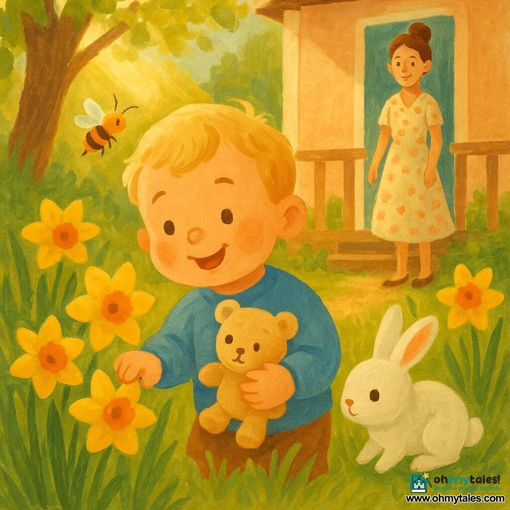 A calm, bright spring scene: a 2-year-old boy with a round face, rosy cheeks and little blonde locks, smiling in wonder as he holds a beige teddy and touches a daffodil petal; his mother, about 30, hair in a bun and wearing a light floral dress, stands on a small back porch smiling at him; a small white rabbit with black eyes hops near the flowers while a yellow-and-black striped bee with translucent wings hovers above the daffodils; the garden has vivid yellow daffodils, fresh green grass, a soft dirt path and a warm sunbeam through a tree, rendered in soft colors with visible gouache textures, simple rounded shapes and a comforting, childlike mood.