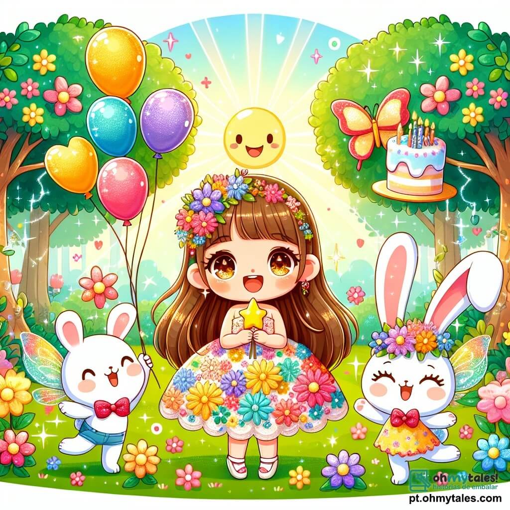 Uma menina de 4 anos, com longos cabelos castanhos e olhos brilhantes de alegria, está no centro da imagem. Ela usa um vestido colorido decorado com flores e segura um balão em forma de estrela, seu rosto radiante de excitação e felicidade. Ao seu lado, uma pequena fada com asas cintilantes, cabelos dourados e um vestido feito de pétalas de flores, sorri desejando-lhe um feliz aniversário. Um coelhinho branco travesso, com grandes orelhas e uma gravata borboleta vermelha, pula alegremente ao lado delas, segurando um pequeno bolo em forma de nuvem. O cenário é um lindo jardim cheio de flores multicoloridas, com árvores majestosas e raios de sol filtrando pelas folhas, criando uma atmosfera mágica. Ao fundo, um bosque cintilante parece convidar à aventura. A cena principal mostra a menina cercada por seus amigos, celebrando seu aniversário com risadas, canções e alegria, enquanto corações coloridos flutuam no ar, simbolizando o amor e a amizade que os une.