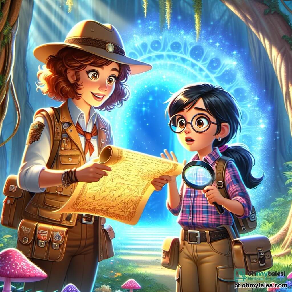 Lara, uma jovem com cabelos castanhos cacheados e olhos cheios de curiosidade, está diante de um portal mágico cintilante, seu rosto iluminado pela excitação. Ela usa um colete de aventureira cheio de bolsos e um chapéu de safári, segurando um mapa antigo com as mãos trêmulas de antecipação. Ao seu lado, Bianca, uma mulher de cerca de trinta anos com óculos redondos e cabelo preto preso em um rabo de cavalo, examina atentamente o pergaminho com uma lupa, com uma expressão concentrada. Ela está vestida com uma camisa xadrez e calças cargo, pronta para explorar. O cenário é uma floresta encantada, com árvores de troncos tortuosos e folhas verdes vibrantes, enquanto raios de luz filtram através da folhagem, iluminando o chão coberto de flores coloridas e cogumelos estranhos. A cena mostra Lara e Bianca prontas para atravessar o portal mágico, cercadas por uma atmosfera de aventura e mistério, com brilhos cintilantes emanando do portal, sugerindo mundos desconhecidos a serem explorados.