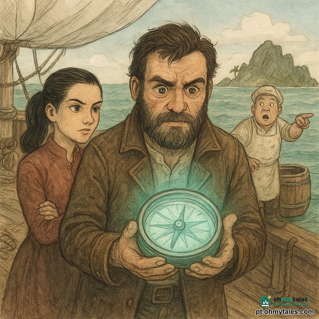 Um homem, o capitão Martim, com barba espessa e expressão resoluta e enternecida, veste jaqueta de couro gasta e segura uma grande bússola de vidro que brilha suavemente no convés; à sua esquerda, Joana "Galope", ~28 anos, cabelo preto preso, olhar vivo e sobrancelha erguida, braços cruzados pronta para dar ordens; ao fundo, o cozinheiro Prego, ~40 anos, rosto arredondado e surpreso, avental manchado, aponta para um barril flutuante ao lado de um tonel aberto. O cenário é o convés de madeira de uma caravela com tábuas sulcadas, cordas enroladas, uma roldana e vela parcialmente visível, mar verde levemente agitado; ao longe surge uma pequena ilha rochosa desconhecida com falésias e palmeiras sob nuvens claras. A bússola vibra e ilumina os rostos com reflexos azuis e verdes no madeirado molhado, sugerindo mistério e decisão.