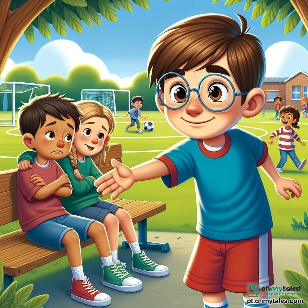 Um garoto de 10 anos, Lucas, com cabelo castanho e óculos redondos, está no centro da imagem, exibindo uma expressão determinada, mas amigável. Ele usa uma camiseta azul e um short vermelho, e estende a mão para outro garoto, Miguel, que tem cabelo castanho e um olhar triste, sentado em um banco. Miguel, também de 10 anos, usa um moletom verde e jeans. Ao lado deles, Sofia, uma menina de 10 anos com cabelo loiro trançado e um sorriso encorajador, os observa com bondade, de braços cruzados. A cena ocorre em um pátio escolar ensolarado, cercado por grandes árvores com folhas verdes, com crianças brincando ao longe. Ao fundo, vê-se um gol de futebol e brinquedos coloridos. A situação principal mostra Lucas estendendo a mão para Miguel, convidando-o a se juntar a ele e a Sofia para jogar futebol, simbolizando a amizade e o apoio diante do bullying.