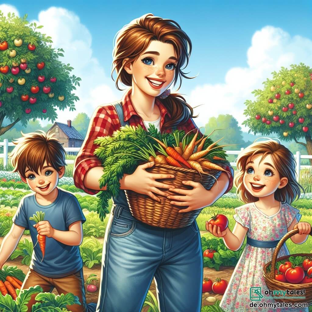 Eine lächelnde und lebhafte Bäuerin, Anna, steht inmitten eines grünen Feldes, gekleidet in ein rot kariertes Hemd und Jeans. Ihre braunen Haare sind zu einem Pferdeschwanz gebunden, und sie hält einen großen Korb voller frischer Gemüse wie Karotten und Tomaten, die sie stolz den Kindern zeigt. Neben ihr zieht Timmy, ein 8-jähriger Junge mit zerzausten Haaren und einem blauen T-Shirt, begeistert eine Karotte aus dem Boden, sein Gesicht strahlt vor Freude. Etwas weiter hält Mia, ein 7-jähriges Mädchen mit Sommersprossen und einem Blumenkleid, einen Korb voller Äpfel und ist fasziniert von den Früchten, die sie gepflückt hat. Der Ort ist ein charmantes, sonniges Obstgarten, wo Obstbäume mit roten und goldenen Äpfeln im Hintergrund stehen und bunte Gemüsebeete sich bis zum Horizont erstrecken, unter einem blauen Himmel mit flauschigen weißen Wolken. Die Hauptsituation zeigt Anna, die den Kindern beibringt, wie man Gemüse und Obst erntet, während die Sonne auf ihre fröhlichen Gesichter scheint und eine Atmosphäre des Glücks und der Entdeckung in dieser ländlichen Umgebung schafft.