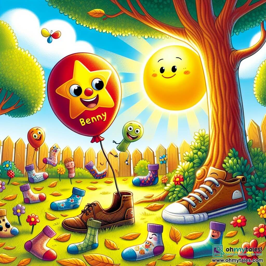 A small red balloon named Benny, with a shiny yellow star on its side, joyfully bounces in a sunny park, its face beaming with happiness and enthusiasm. Nearby, an old worn-out brown shoe with a friendly smile admires Benny, feeling comforted by its presence. A group of colorful socks with various patterns play hide-and-seek behind a tree, their faces expressing joy and excitement. The setting is a lush park, with majestic trees, vibrant flowers, and a shady spot where golden leaves accumulate, creating a warm and welcoming atmosphere. The main scene shows Benny organizing a day of games and laughter for its new friends, bringing light and happiness to a once sad and lonely corner of the park.
