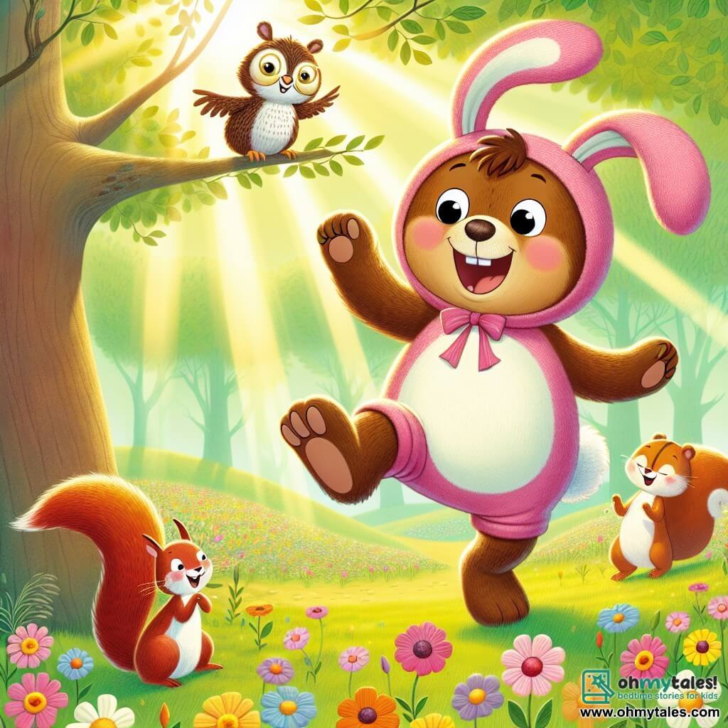 Benny, a fun and mischievous brown bear, is wearing an oversized pink and white rabbit costume with drooping ears. He has a big smile on his face, his eyes sparkling with mischief, and he is joyfully hopping in a sunny clearing surrounded by colorful flowers. Sally, an agile red-furred squirrel, is perched on a branch just above Benny, laughing heartily with a paw over her mouth, her eyes shining with joy. Oliver, a wise brown-feathered owl, is sitting on a tree branch, watching the scene with an amused smile, his glasses slightly slipping down his nose. The scene takes place in a bright clearing where sunlight filters through the leaves, illuminating the wildflowers dancing in the breeze. The ground is covered with soft green grass, and rays of light create golden patterns on the ground. Benny, dressed as a rabbit, performs a hilarious dance, causing his friends to burst into laughter, while a group of curious deer approaches, intrigued by the comedic spectacle unfolding before them.