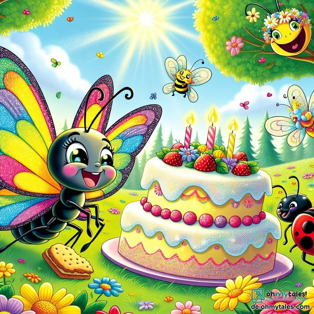 Ein kleiner Schmetterling mit bunten, regenbogenartigen Flügeln fliegt fröhlich über einen großen Picknicktisch, ein breites Lächeln auf seinem Gesicht, umgeben von strahlenden Blumen. Neben ihm schaut eine kleine Ameise mit einem schwarzen Körper und funkelnden Augen gespannt auf die wunderschöne Geburtstagstorte, ihre Antennen vor Aufregung zucken. Ein fröhlicher roter Marienkäfer mit schwarzen Punkten sitzt auf einem Blatt und genießt einen Keks, seine Augen strahlen vor Glück, während eine Libelle mit durchsichtigen, schimmernden Flügeln in der Luft tanzt und Musik zur Feier bringt. Der Ort ist ein blühender Park, durchflutet von goldenem Licht, mit majestätischen Bäumen, bunten Blumen und einer sanften Brise, die die Blütenblätter zum Tanzen bringt. Die Hauptsituation zeigt den Moment, in dem sich alle Freunde versammeln, um den Geburtstag des kleinen Schmetterlings zu feiern, lachend und tanzend um eine bunte Torte, was eine Atmosphäre von Freude und Freundschaft schafft.