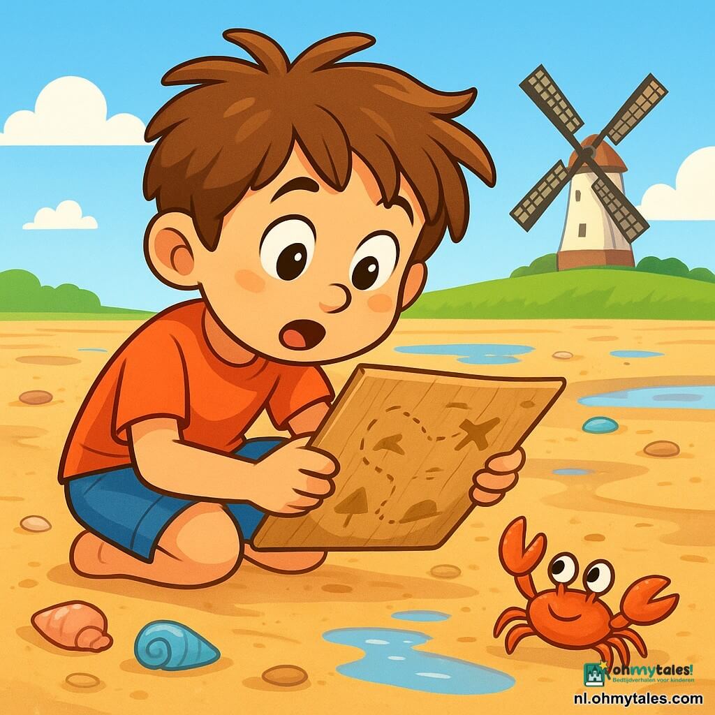Een jonge jongen genaamd Bram, ongeveer 8 jaar, met rommelig kastanjebruin haar en nieuwsgierige sprankelende ogen, zit op de natte zandgrond met een houten kaart in zijn handen. Zijn gezicht straalt verwondering en opwinding uit terwijl hij aandachtig naar de plooien van het zand kijkt. Dichtbij komt een klein krabbetje met glanzende scharen voorzichtig dichterbij, wat leven aan de scène toevoegt. De locatie is een uitgestrekt zandbank bij laag water, bezaaid met kleine plassen die de heldere blauwe lucht reflecteren, en kleurrijke schelpen die hier en daar verspreid liggen. In de verte is een groene dijk zichtbaar, met een oude molen die langzaam draait in de wind. De belangrijkste situatie toont Bram die volop aan het verkennen is, gefascineerd door de schoonheid van de natuur om hem heen en vastbesloten om de geheimen van zijn kaart te begrijpen.