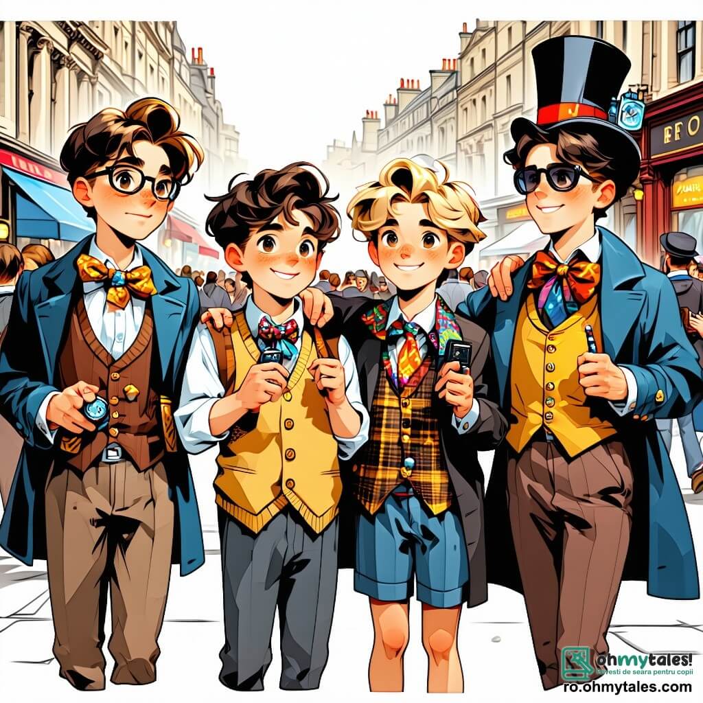 Patru băieți, în vârstă de douăsprezece ani, stau împreună pe o stradă animată din Londra victoriană. Andrei, cu părul castaniu și ochelari rotunzi, se uită în jur cu curiozitate, ținând un mic dispozitiv în formă de ceas. La dreapta lui, Alex, cu părul blond și creț, zâmbește entuziast, purtând o vestă colorată și un joben. Radu, cu părul negru și ochelari de soare, observă atent mulțimea, îmbrăcat într-o cămașă cu dungi și pantaloni din pânză. În cele din urmă, Ștefan, cu părul brun și neted, se apleacă ușor înainte, pregătit să acționeze, cu un palton lung și o eșarfă. Decorul este o stradă pavată, mărginită de clădiri din cărămidă roșie, cu felinare pe gaz care luminează ușor împrejurimile. Caleștile trase de cai trec încet, în timp ce trecătorii în haine de epocă discută vesel. Situația principală arată băieții observând un bărbat misterios care se apropie de un inventator celebru, pregătit să comită un act malefic. Expresia de determinare de pe fețele lor arată că sunt pregătiți să intervină pentru a salva inventatorul și a proteja istoria.