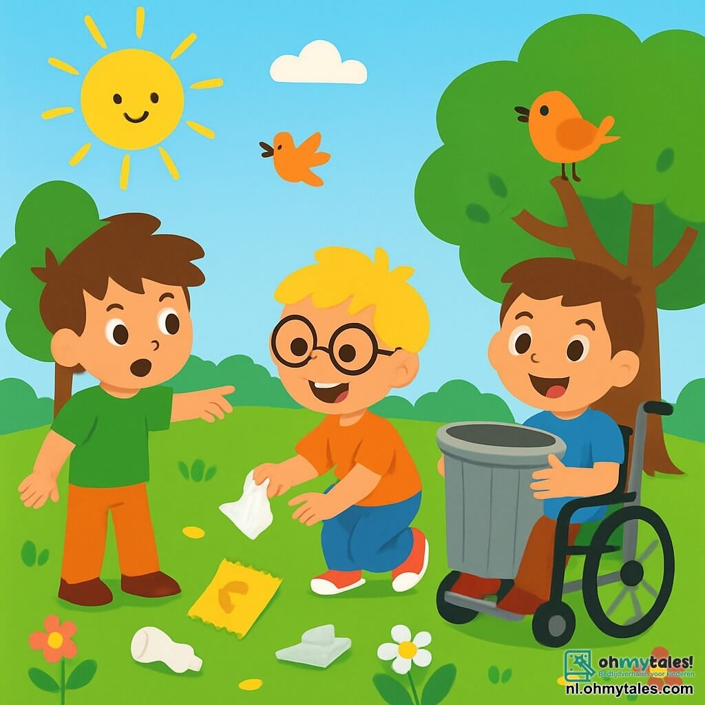 Er zijn 3 personages: - Sam: een 8-jarig jongen met rommelig bruin haar en een groene t-shirt. Hij staat rechtop en wijst naar een chipszak op de grond. - Tijn: een 7-jarig jongen met blond haar en ronde bril. Hij zit op de grond en raapt een stuk plastic op met een grote glimlach. - Bram: een 9-jarig jongen in een rolstoel, met kastanjebruin haar en een blauwe t-shirt. Hij zit en houdt een grote vuilnisbak vast, klaar om zijn vrienden te helpen. De locatie is een mooi park, vol met kleurrijke bloemen, groene bomen en zingende vogels. De zon schijnt in een heldere blauwe lucht, en het gras is felgroen, maar er ligt afval op de grond. De belangrijkste situatie toont de drie vrienden die samen het park schoonmaken. Sam wijst naar een afval, Tijn raapt enthousiast op en Bram moedigt zijn vrienden aan met een grote glimlach, allemaal vastbesloten om hun omgeving schoner en mooier te maken.
