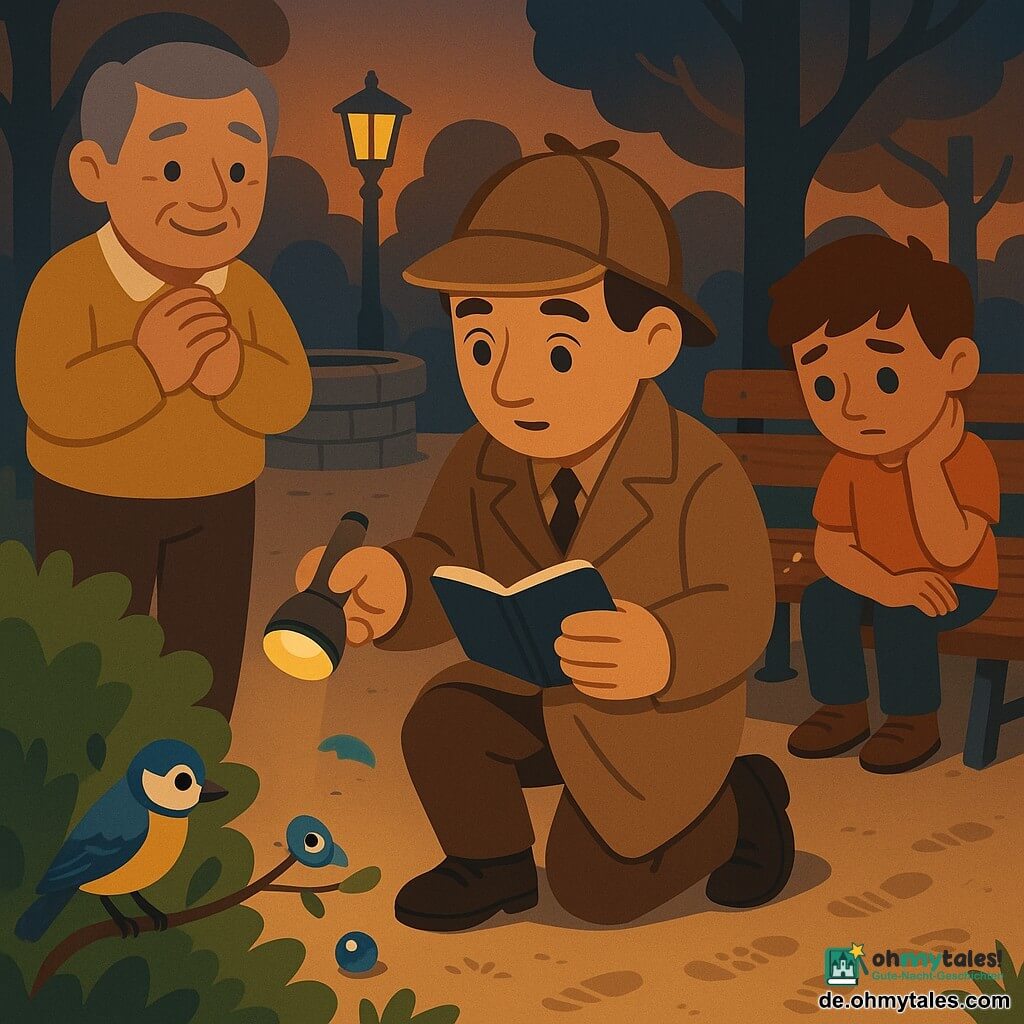 Ein sanft blickender, konzentrierter Detektiv (hellbrauner Mantel, runder Hut) kniet an einem Strauch und hebt mit einer Taschenlampe in der einen und einem Notizbuch in der anderen Hand eine kleine glänzende Murmel auf; links steht Herr Klee (ca. 45, rundes Gesicht, graumeliertes Haar) mit erleichtertem Lächeln und gefalteten Händen, hinter einer Bank sitzt ein etwa 8-jähriger Junge (kastanienbraun, großäugig, verlegen, Kopf gesenkt, Hand am Nacken) und betrachtet die Murmel, ein farbenfroher Vogel (blau-gelb) auf einem Zweig scheint die Fundstelle zu zeigen; Ort: städtischer Park in der Dämmerung mit sandigem Boden, Kinderfußspuren, einer alten Holzbank, einem kleinen Steintrog und einer gelben Laterne im Hintergrund; Szene: ruhige, wohltuende Atmosphäre, warme Farben, klare, kindgerechte Komposition.