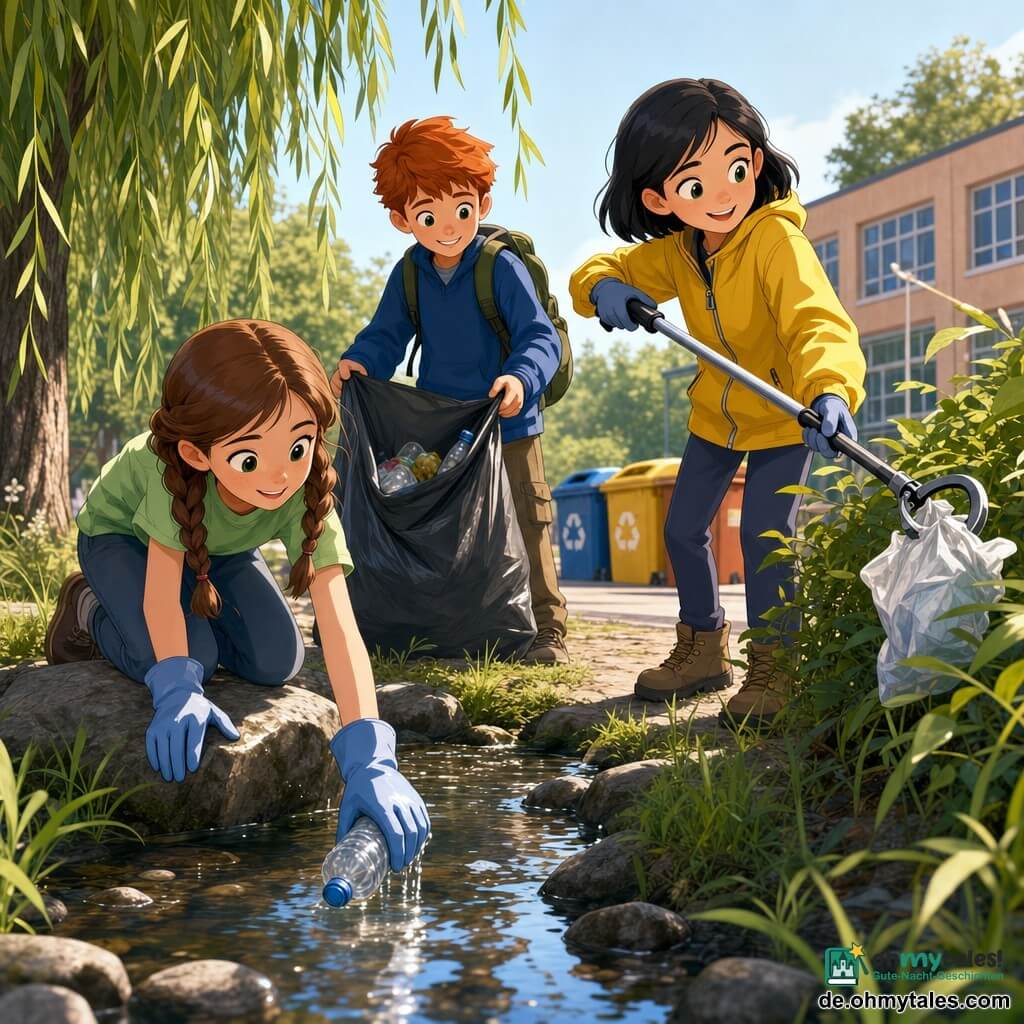 Drei Kinder am Ufer eines kleinen städtischen Bachs am Morgen: links ein etwa 10-jähriges Mädchen mit hellbraunen Zöpfen, hellgrünem T‑Shirt und blauen Gart Handschuhen, kniend auf einem kleinen Stein, eine Plastikflasche greifend; rechts ein etwa 10-jähriges Mädchen mit kurzem schwarzen Haar, leuchtend gelber Jacke und einer großen Metallzange wie ein Zauberstab, stehend auf dem Weg, eine Plastiktüte aus dem Gebüsch fangend; etwas dahinter ein etwa 9-jähriger rothaariger Junge mit blauem Pullover und Rucksack, der geöffnete Müllsäcke zu den Mädchen hält; Kies, nasses grünes Gras, hängende Weidenzweige, vereinzelt Zigarettenstummel und Papier, klares Wasser, Spiegelung blassen Himmels, im Hintergrund ein Schulhof mit bunten Containern (blau, gelb, braun); Szene: die Kinder sammeln und trennen Müll — dynamische Bewegung, entschlossene lächelnde Mienen, füllende Säcke, knallende Zange, Sonnenfunkeln auf dem Wasser, Tropfen an den Handschuhen, optimistische, saubere Stimmung mit gesättigten Farben, klaren Kontrasten und Cel‑Shading‑Schatten.
