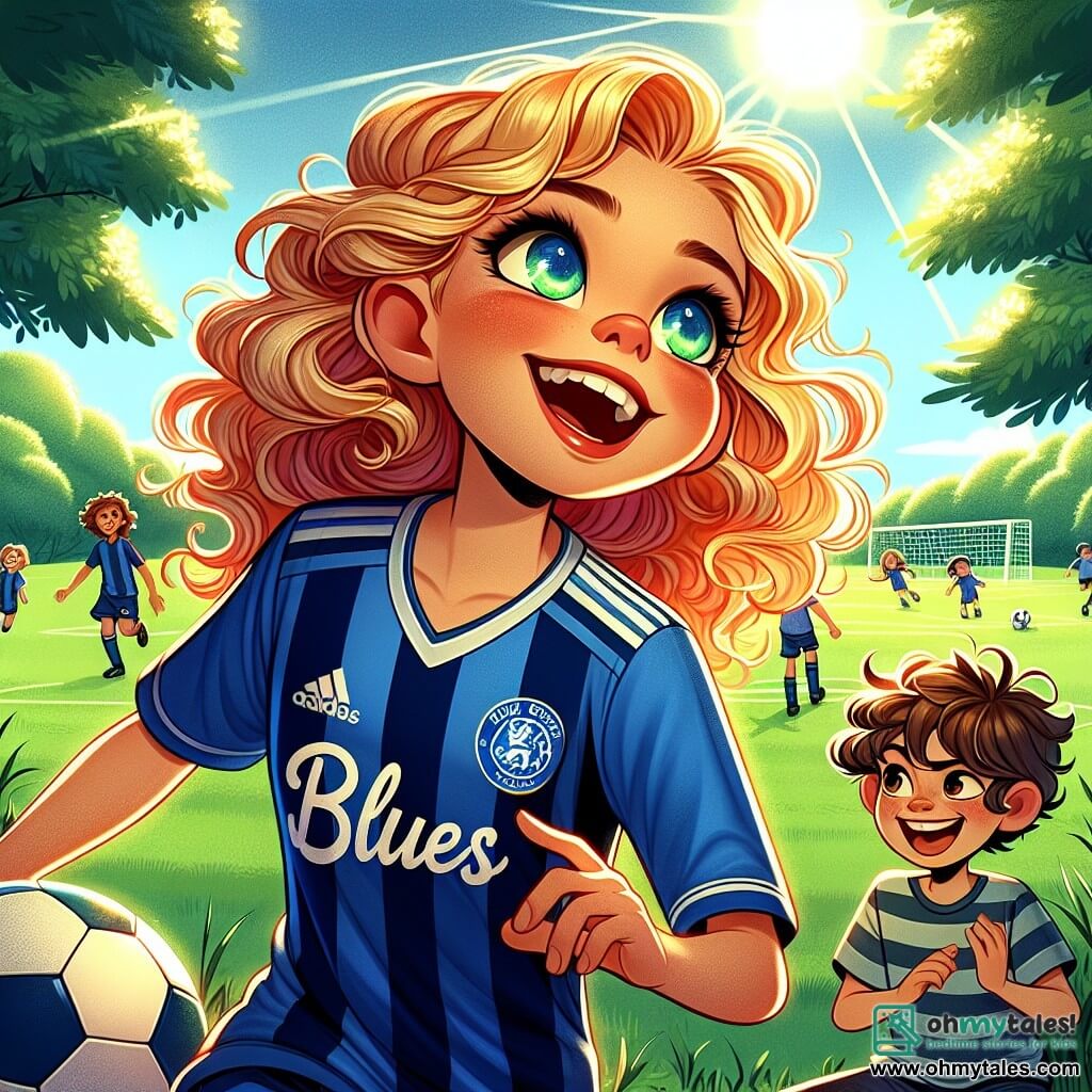 In the foreground, Mia, a young woman with curly golden hair, is full of energy and determination. She wears a blue soccer jersey with "Blues" on the back, her radiant smile lighting up her face as she dribbles a soccer ball on the field. Her eyes shine with excitement, reflecting her passion for the game. Next to her, Oliver, an 8-year-old boy with messy hair and a striped t-shirt, watches her with admiration. He sits on the edge of the field, legs crossed, hands on his knees, enthusiastically applauding each of Mia's moves. The setting is a green park, with a soccer field surrounded by majestic trees. The sun shines high in the sky, casting soft shadows on the freshly mown grass, while children play in the background, creating a joyful and lively atmosphere. The main scene shows Mia in action, executing an impressive dribble with the ball, while Oliver cheers her on with joyful shouts. This scene captures the spirit of camaraderie and passion for soccer, illustrating Mia's dream of becoming a great player.