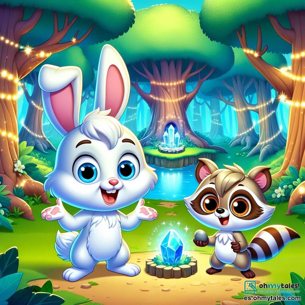 Un pequeño conejo llamado Tobías, con un pelaje blanco brillante y grandes ojos azules llenos de emoción, se encuentra en el centro de un claro encantado, con las orejas en alto y una radiante sonrisa en el rostro. A su lado, su amigo Ramón, un ágil mapache con pelaje marrón y ojos traviesos, lo anima con una mirada decidida, mientras sostiene una pequeña piedra con sus patas. El lugar es un claro mágico, rodeado de majestuosos árboles de troncos gruesos y hojas brillantes, donde luces centelleantes bailan a su alrededor como pequeñas hadas. En el centro, un gran árbol con ramas extendidas alberga un misterioso cofre de cristal que brilla bajo los rayos del sol. La escena principal muestra a Tobías y Ramón, listos para abrir el cofre mágico, rodeados de luces danzantes que parecen animarlos, mientras una suave brisa hace bailar las hojas a su alrededor, creando una atmósfera de misterio y aventura.