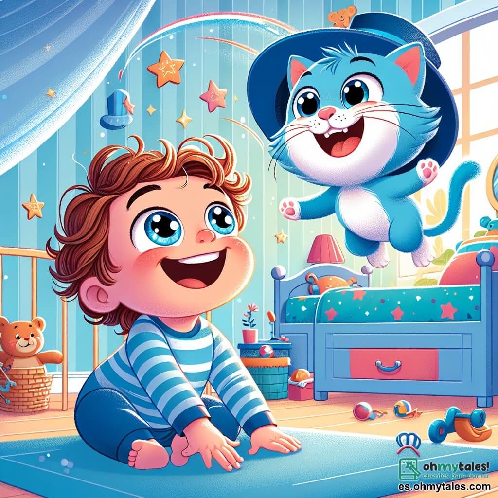 Un niño pequeño de 1 año, con grandes ojos brillantes y cabello rizado, está acostado en su cama, con una amplia sonrisa en el rostro, maravillado por un gato azul con un sombrero de copa que flota alegremente a su alrededor. El gato azul, con un pelaje brillante y ojos traviesos, está haciendo piruetas en el aire, añadiendo un toque de magia a la escena. La habitación de Tomás es colorida y acogedora, con paredes pintadas de azul cielo, juguetes esparcidos por el suelo y estrellas brillantes colgadas del techo, creando una atmósfera de cuento de hadas. En esta situación principal, Tomás descubre con alegría que puede volar como un pájaro gracias a su nuevo amigo, el gato azul, que lo anima a elevarse en un mundo de sueños.