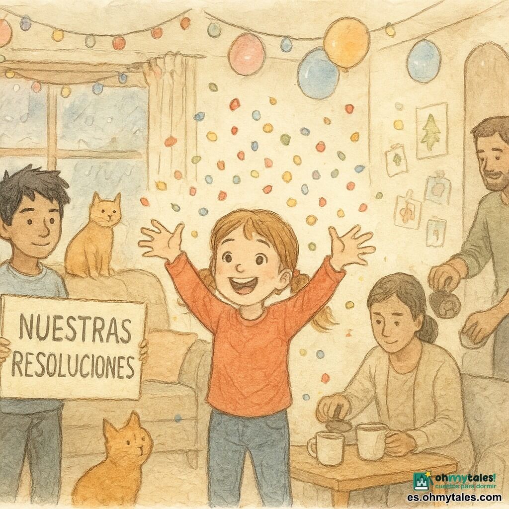 Una niña de 8 años, alegre y asombrada, cabello castaño claro en coletas, lanza confeti colorido con ambas manos en el centro del salón; su hermano de 10 años, concentrado y sonriente, cabello negro despeinado, sostiene detrás de ella, a la izquierda, un gran cartel pintado titulado NUESTRAS RESOLUCIONES; la madre (unos 35 años), serena, sirve chocolate caliente cerca de una mesa baja a la derecha; el padre (unos 38 años), divertido y con barba corta, prepara el temporizador junto a la puerta; la abuela (unos 65 años), dulce, sentada en el sofá, sostiene una caja de galletas de mantequilla y mira a la niña; el gato Mostaza, pequeño y atigrado naranja, está en el respaldo del sofá con algo de confeti en la cola; el salón, cálido y decorado para Año Nuevo, tiene guirnaldas de luces, globos pastel, un mural con dibujos y una ventana con escarcha y vista a una calle nevada.