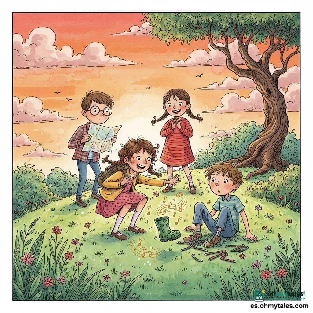 Una niña de 8 años, Lila, alegre y asombrada, pelo castaño rizado en trenza suelta, chaqueta mostaza y vestido de lunares, mochila torpe, agachada extendiendo la mano hacia un zapato verde de grandes lunares que salta y canta; un niño de unos 9 años, Tomás, sorprendido y torpe, pelo despeinado, pantalón arrugado, en el suelo junto a una pila de cordones como si hubiera tropezado; otra niña de 8 años, Luisa, risueña y vivaz, trenzas cortas, vestido rojo de rayas, de pie detrás de Lila aplaudiendo mirando el zapato; un niño de 9 años, Mateo, serio pero divertido, gafas redondas, camisa a cuadros, sosteniendo un mapa al revés, algo detrás a la izquierda. Escena: colina herbosa al atardecer con arbustos susurrantes, un árbol retorcido a la derecha, hierbas altas y flores pequeñas, cielo anaranjado con nubes rosadas. Ambiente fantástico y divertido, zapato bailando con notas musicales visibles, niños reunidos con expresiones luminosas, líneas de tinta definidas y colores vivos y contrastados.
