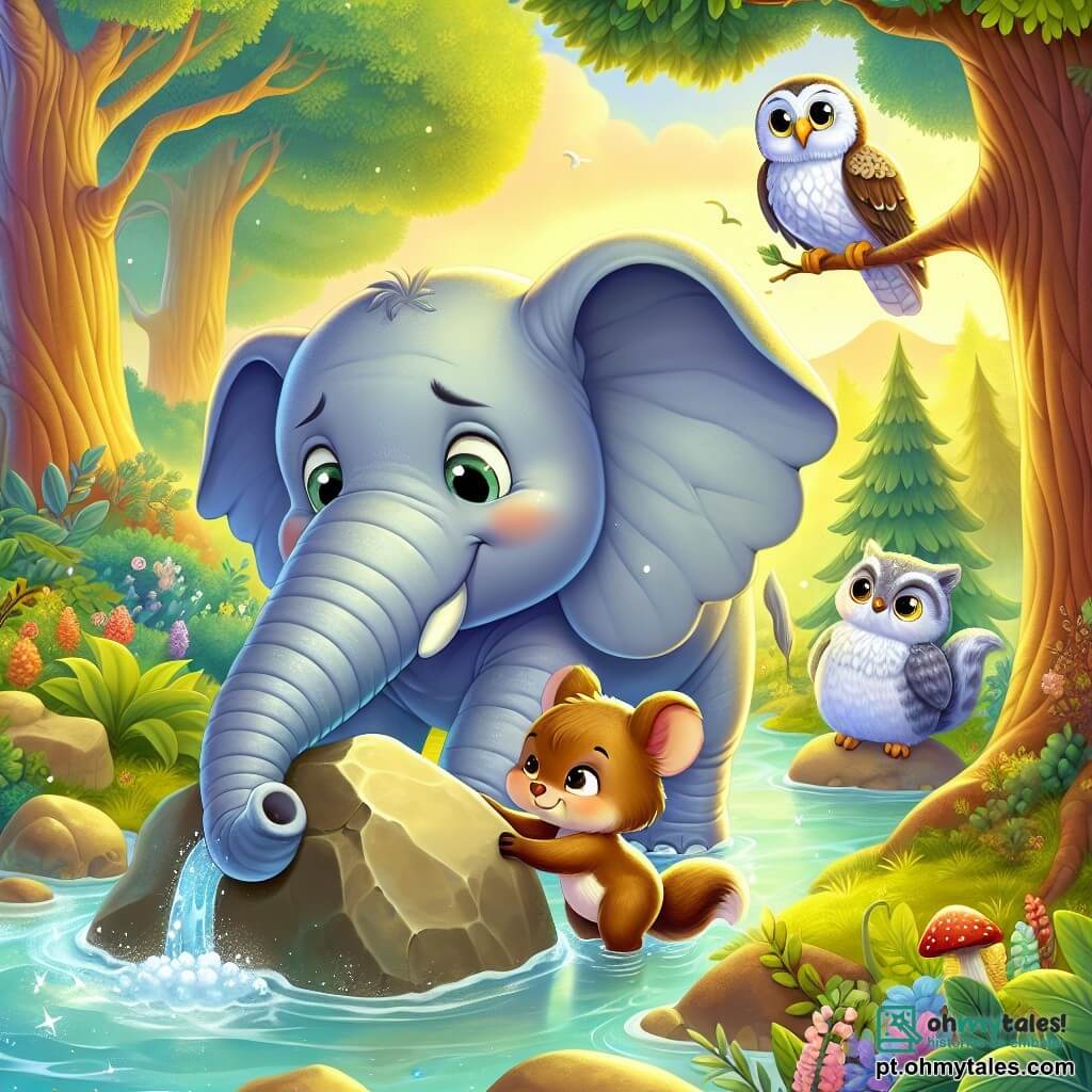 Um elefante chamado Eloy, com grandes orelhas caídas e uma pele cinza macia, está à beira de um lago mágico, com um olhar determinado e alegre. Ele usa sua tromba para empurrar uma grande pedra que bloqueia o fluxo de água, mostrando sua força e determinação. Ao seu lado, um pequeno esquilo chamado Pip, com pelagem marrom e olhos brilhantes de preocupação, observa com esperança, pronto para encorajar seu amigo. Ao fundo, uma sábia coruja chamada Luna, com penas brancas e olhos redondos, pousa em um galho, observando a cena com um ar de sabedoria. O cenário é uma floresta encantada, banhada por luz dourada, com majestosas árvores de folhas verdes brilhantes e flores coloridas ao redor do lago, cuja água começa a brilhar novamente. A situação principal mostra Eloy, com a ajuda de seus amigos, restaurando a magia do lago ao mover a pedra, simbolizando a unidade e a força da amizade.
