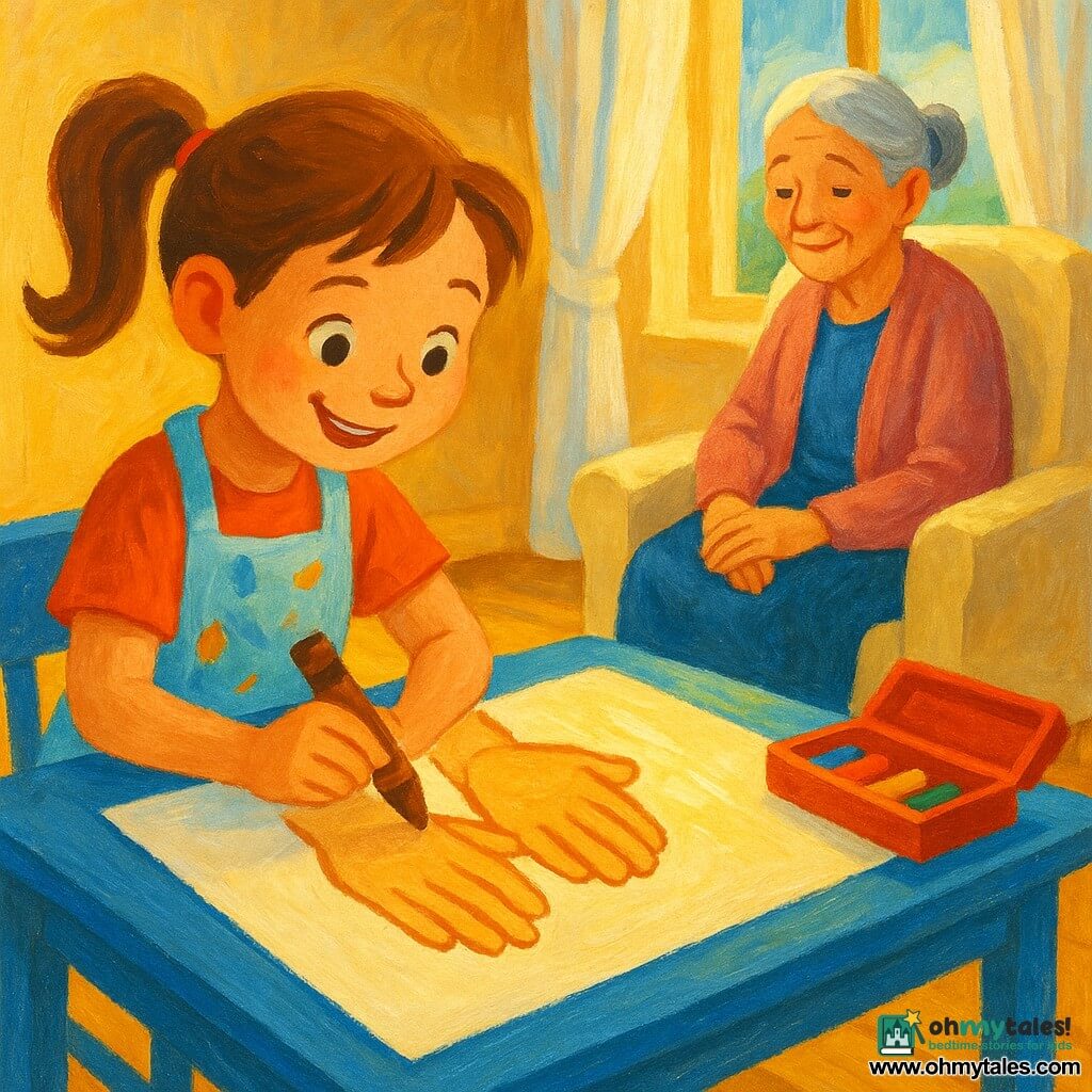 A smiling, focused young woman with brown hair in a ponytail, wearing a light blue paint-stained apron, sits at a small blue table drawing the elderly grandmother’s hands with a thick brown pencil on a large white sheet; the calm, tender grandmother (about 70) with gray hair in a bun and soft wrinkles sits in a cream armchair by the window with her hands on her knees, slightly turned toward the artist. The sunny room has light wooden floors, sheer white curtains and a red pencil box on the table; golden light through the window creates warm reflections on the paper. The scene emphasizes the young woman carefully sketching the grandmother’s hands with bold strokes, vivid colors and thick paint textures, conveying a gentle, attentive atmosphere of pride and family love.
