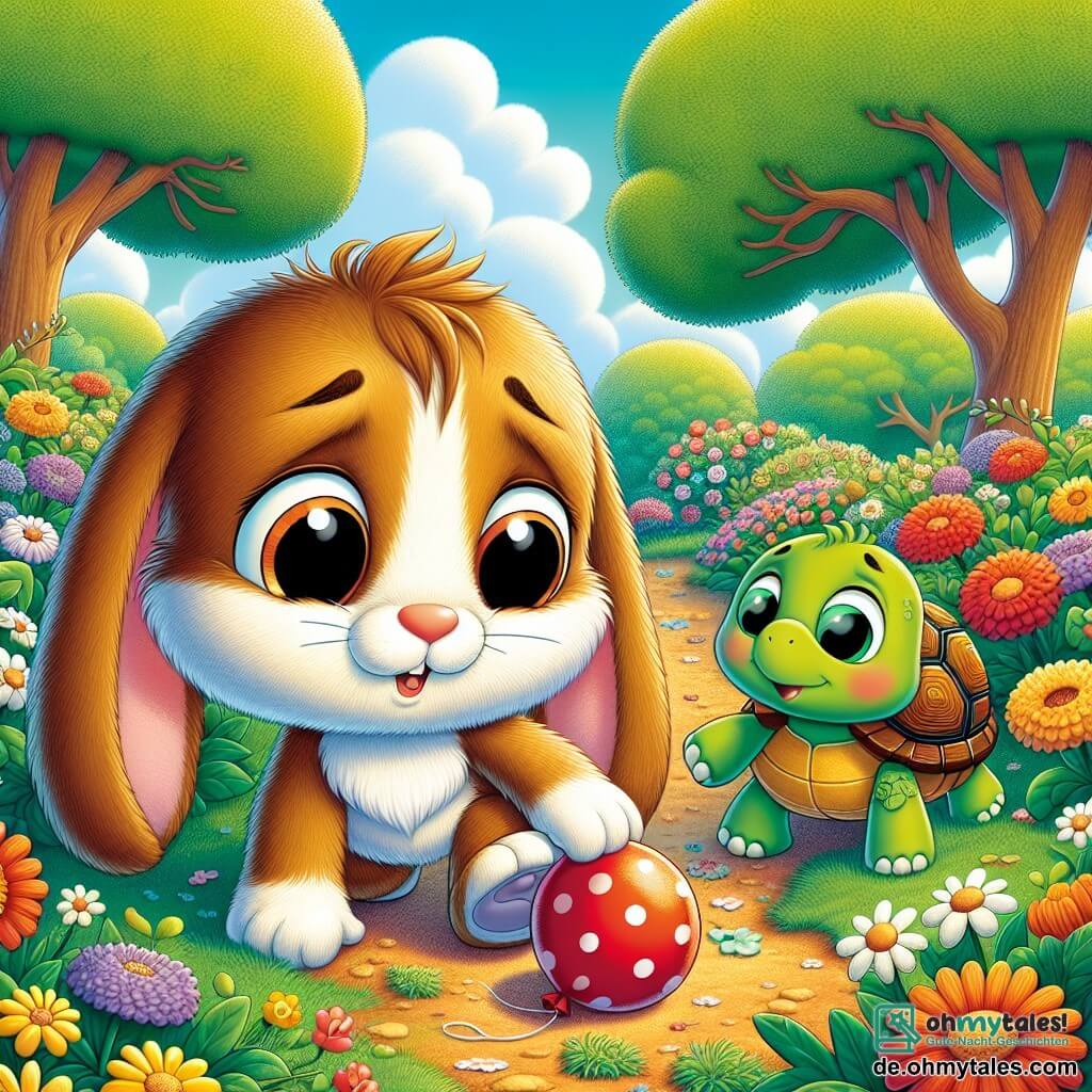 Ein kleiner Hase namens Hoppel mit weichem, braunem Fell, großen runden Augen und langen Ohren zeigt Traurigkeit und Entschlossenheit, während er nach seinem verlorenen roten Ball sucht. Neben ihm ermutigt ihn eine freundliche Schildkröte namens Tilly mit einem Lächeln, während sie auf dem bunten Boden des Gartens steht. Der Ort ist ein schöner sonniger Garten, gefüllt mit leuchtenden Blumen, großen Bäumen und einem klaren blauen Himmel mit flauschigen weißen Wolken. Hoppel durchsucht die Blumen, während Tilly ihn wohlwollend beobachtet, und sie suchen gemeinsam den wertvollen roten Ball, der zwischen den Blumen glänzt.