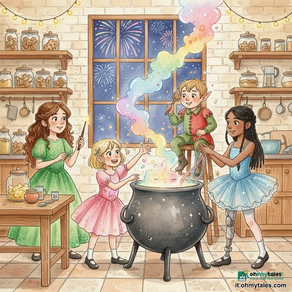Quattro personaggi: una bambina di circa 10 anni con lunghi capelli castani e ricci, abito verde brillante con piccoli sequins, tiene una vecchia bacchetta di legno e guarda il calderone; una bambina di circa 9 anni con capelli biondi alla caschetto, abito rosa a stelle, ride mostrando una manciata di coriandoli verso l'elfo; una bambina di circa 11 anni con capelli neri intrecciati, portatrice di una protesi alla gamba e con un tutù blu scintillante, versa un nastro colorato nel grande calderone; un piccolo elfo maschio dal viso rotondo e orecchie appuntite, costume rosso e verde logoro, è sul tavolo o su una sedia alta dietro il calderone e agita una paletta di legno sorridendo maliziosamente. Ambientazione: cucina calda e accogliente con muri in mattoni chiari, mensole in legno con barattoli di biscotti e lucine, ampia finestra che mostra un cielo notturno con fuochi d'artificio lontani, pavimento in piastrelle antiche; situazione: tutti e quattro preparano la magia di Capodanno attorno a un grande calderone fumante al centro, scena vivace con gesti in movimento, coriandoli volanti, vapore multicolore e scintille, espressioni gioiose e atmosfera festosa e magica alla vigilia del conto alla rovescia.