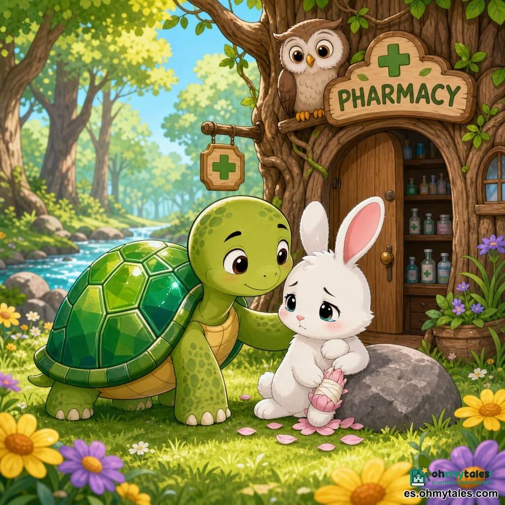 La tortuga principal es una pequeña tortuga de caparazón verde brillante con motivos en mosaico, rostro redondo y expresión serena que camina despacio y apoya una pata junto a un conejito blanco herido con orejas rosadas y una pata vendada sentado junto a una piedra; en el fondo, una lechuza sabia observa desde la puerta de una farmacia rústica; la escena ocurre en un claro soleado del bosque con césped, flores y un arroyo, ambiente tierno, cálido y pacífico, colores pastel, contornos simples y composición centrada apta para niños.