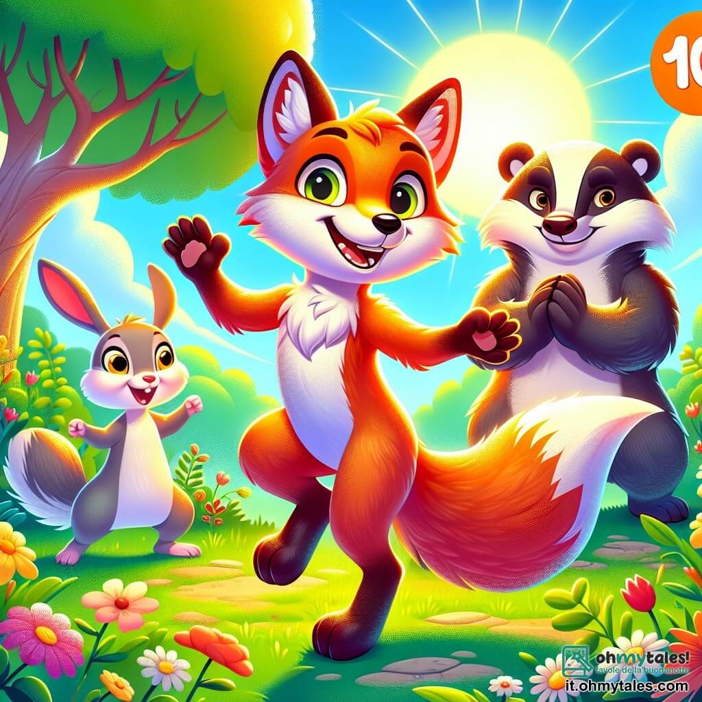 Un giovane volpe dal pelo flamboyant, di nome Foxy, danza gioiosamente in una radura soleggiata, i suoi occhi brillano di felicità e la sua coda svolazza dietro di lui. Accanto a lui, una giovane coniglia dalle grandi orecchie, Luna, sorride con entusiasmo, le sue zampe posteriori pronte a saltare, mentre un tasso robusto, Max, applaude con orgoglio, i suoi occhi brillano di sostegno. Sullo sfondo, un grande albero con foglie verdi brillanti e fiori colorati circondano la scena, creando un'atmosfera gioiosa e accogliente. Foxy, Luna e Max partecipano a un torneo di giochi, incoraggiandosi a vicenda in un'atmosfera festosa e amichevole.