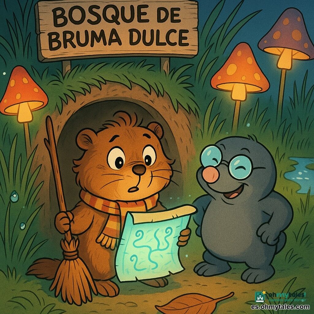 Una marmota pequeña y redondeada, pelaje marrón cálido con reflejos dorados y bigotes en forma de comilla, expresión curiosa y algo preocupada, ojos grandes y brillantes; sostiene un viejo pergamino plegado que emite un resplandor azul verdoso, lleva una pequeña bufanda a rayas y un cepillo de ramitas, de pie frente a la entrada de su madriguera. Tito el topo, personaje secundario bajo y recio de pelaje gris y gafas redondas, está a la derecha y algo detrás, con un brazo en la cadera y mirada traviesa y alentadora. El pergamino muestra tres caminos dibujados en tinta azul y letras danzantes; su luz ilumina los rostros. Escena: claro del "Bosque de Bruma Dulce" con setas-linterna rojas, naranjas y violetas como farolas, hierba alta con gotas de rocío, un arroyito brillante al fondo y una gran hoja caída junto a la marmota; plano medio, composición centrada en la marmota y el pergamino luminoso, ambiente suave y mágico, colores vivos y contrastados, contornos entintados y sombras leves, tono cálido y acogedor.