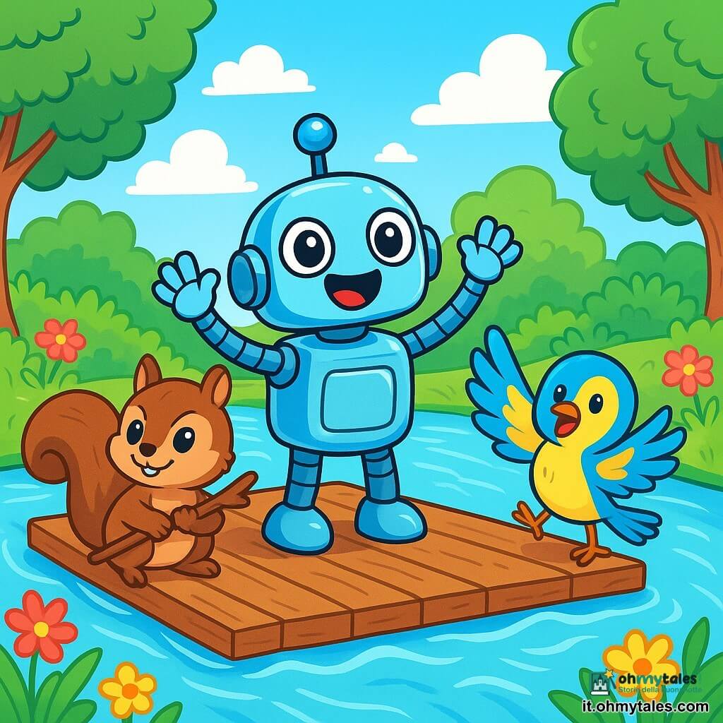 Un piccolo robot brillante, chiamato Robi, con occhi tondi e scintillanti, si trova su una zattera di legno nel mezzo di un dolce fiume. Sorride entusiasta, con le braccia di metallo sollevate come se stesse dirigendo un'avventura. Accanto a lui, uno scoiattolo birichino di nome Nocciola, con pelliccia marrone e occhi maliziosi, tiene un piccolo ramo, pronto a remare, mostrando un'espressione di determinazione. Dall'altra parte della zattera, un piccolo uccello colorato di nome Piuma, con piume gialle e blu, batte le ali con eccitazione, cantando gioiosamente. Il luogo è un giardino lussureggiante, con fiori vivaci di tutti i colori, alberi maestosi e un cielo blu chiaro, punteggiato da nuvole bianche e soffici. La scena principale mostra Robi e i suoi amici che navigano sul fiume, circondati da risate e gioia, mentre affrontano una leggera ondulazione, pronti a scoprire le meraviglie dall'altra parte.