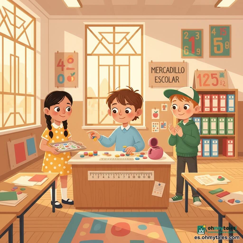 Hay tres niños: Lucas (7 años), cabello castaño despeinado, tez clara, con suéter celeste y pantalón beige, sentado detrás de un pequeño mostrador de madera con una recta numérica pegada, contando fichas de colores y entregando monedas de plástico; Sofía (7 años), cabello negro en dos trenzas, vestido amarillo con lunares blancos, a la izquierda del mostrador sonriendo y sosteniendo una bandeja de pegatinas en forma de fruta; Dani (7 años), cabello castaño corto, gorra al revés y sudadera verde, a la derecha del mostrador aplaudiendo suavemente y con una hucha rosa abierta. El lugar es un aula luminosa con grandes ventanas, mesas en U con papeles de colores, carteles que indican "MARCADILLO", estantería con fichas rojas, azules y verdes, suelo de parquet claro y una alfombra frente al mostrador. Situación: un pequeño mercadillo escolar donde Lucas, como cajero, da el cambio con fichas usando la recta numérica; los tres interactúan con concentración y ánimo, ambiente cálido, colores pasteles vivos, contrastes suaves y detalles gráficos nítidos.