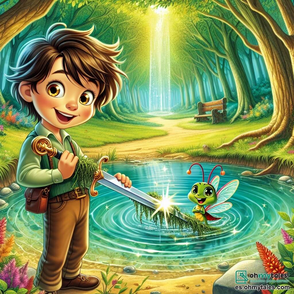 Lucas, un niño de nueve años con cabello castaño despeinado y ojos dorados brillantes de emoción, se encuentra al borde de un remolino de agua clara, sosteniendo una espada brillante cubierta de algas. Tiene una gran sonrisa en su rostro, mostrando su alegría por haber encontrado el tesoro escondido del Gran Bosque Mágico. A su lado, Leo, un grillo imaginario con una pequeña gorra roja y ojos vivos, salta de alegría, sus alas translúcidas brillando a la luz del sol. Está posado sobre el hombro de Lucas, cantando una melodía de victoria, con una expresión llena de entusiasmo. El lugar es un hermoso bosque, con grandes árboles de hojas verdes brillantes, rayos de sol filtrándose a través de las ramas, y un pequeño arroyo serpenteante que crea un suave murmullo. Flores coloridas bordean el camino, añadiendo un toque de magia al entorno. La escena principal muestra a Lucas descubriendo la misteriosa espada mágica bajo el agua, rodeado por la belleza del paisaje, mientras Leo celebra su increíble aventura, creando una atmósfera de asombro y camaradería.