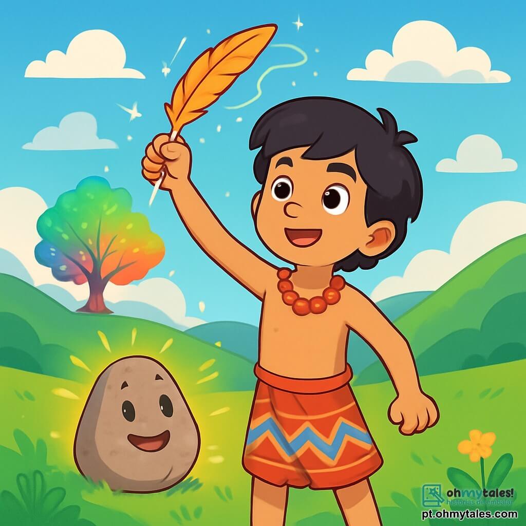 Um jovem chamado Mana, com cerca de 12 anos, está no centro da imagem, com cabelos negros e olhos cheios de curiosidade. Ele usa um pano colorido e um colar de pérolas brilhantes, exibindo uma expressão de determinação e admiração. Ao seu lado, uma pedra mágica, antropomórfica, com um rosto sorridente e olhos suaves, parece falar com ele, emitindo um brilho acolhedor. O cenário é um vasto vale verdejante, cercado por colinas ondulantes sob um céu azul radiante, salpicado de nuvens brancas e fofas. Ao longe, uma majestosa árvore cósmica, com ramos cintilantes, se ergue no centro do vale, iluminada por cores vibrantes do arco-íris. A cena principal mostra Mana levantando uma pena mágica que escreve no ar, enquanto pequenas faíscas de luz dançam ao seu redor, simbolizando a restauração da harmonia entre os mundos.